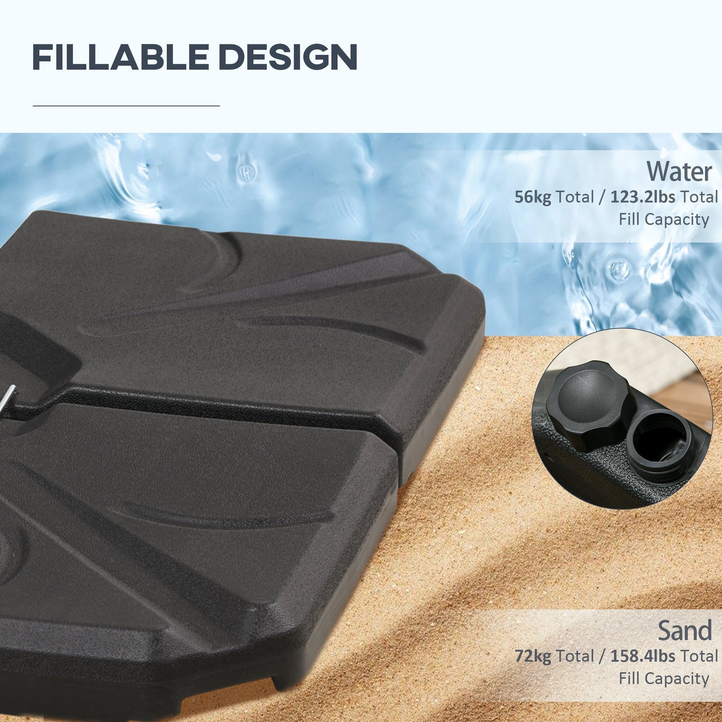 Set of 4 Parasol Base Stand Weights for Banana Hanging Cantilever Umbrella, Water and Sand Filled, Up to 84kg, Black