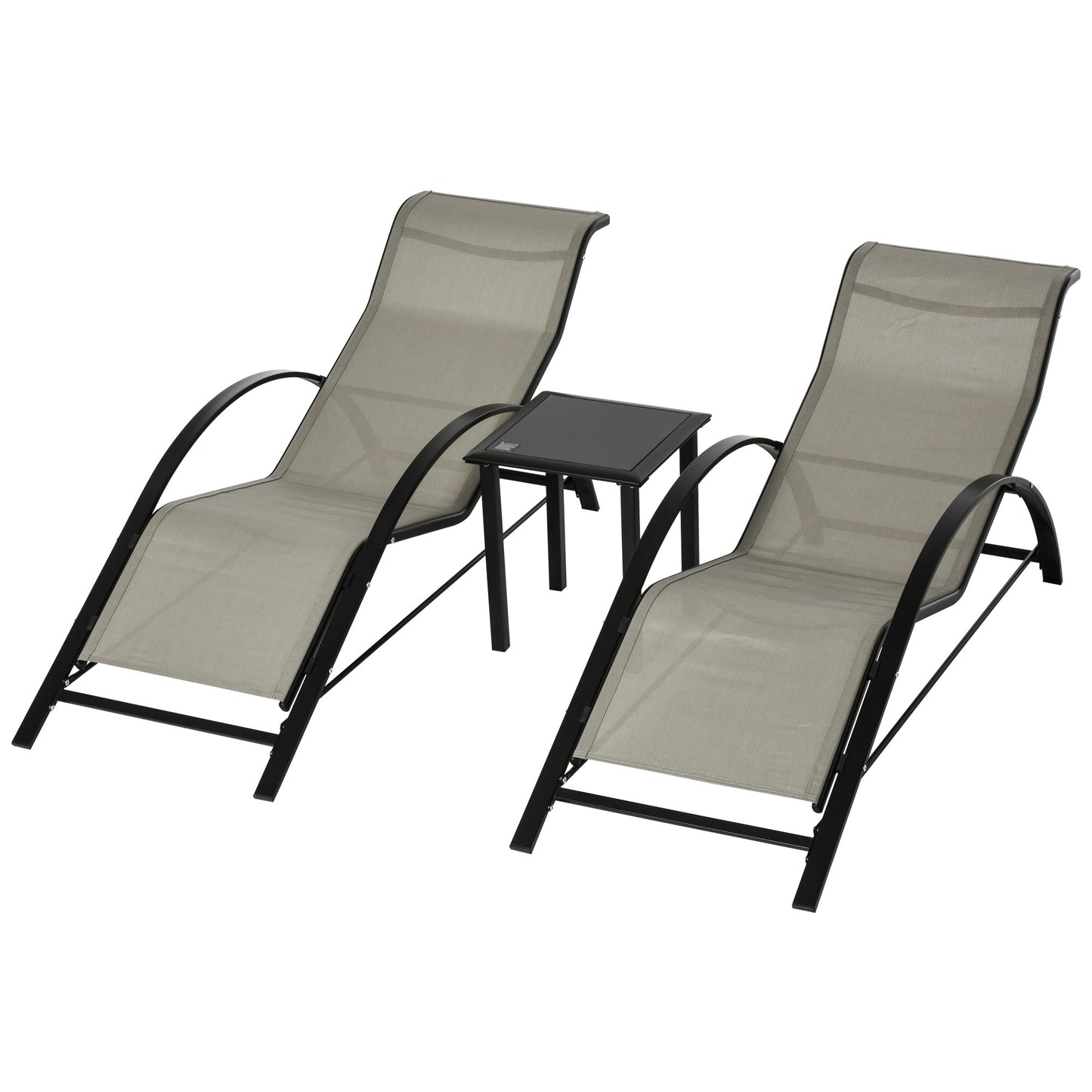 3 Pieces Sun Lounger Chair Set, Metal Frame Garden Outdoor Sunbathing Chair with Side Table and Armrest, Grey