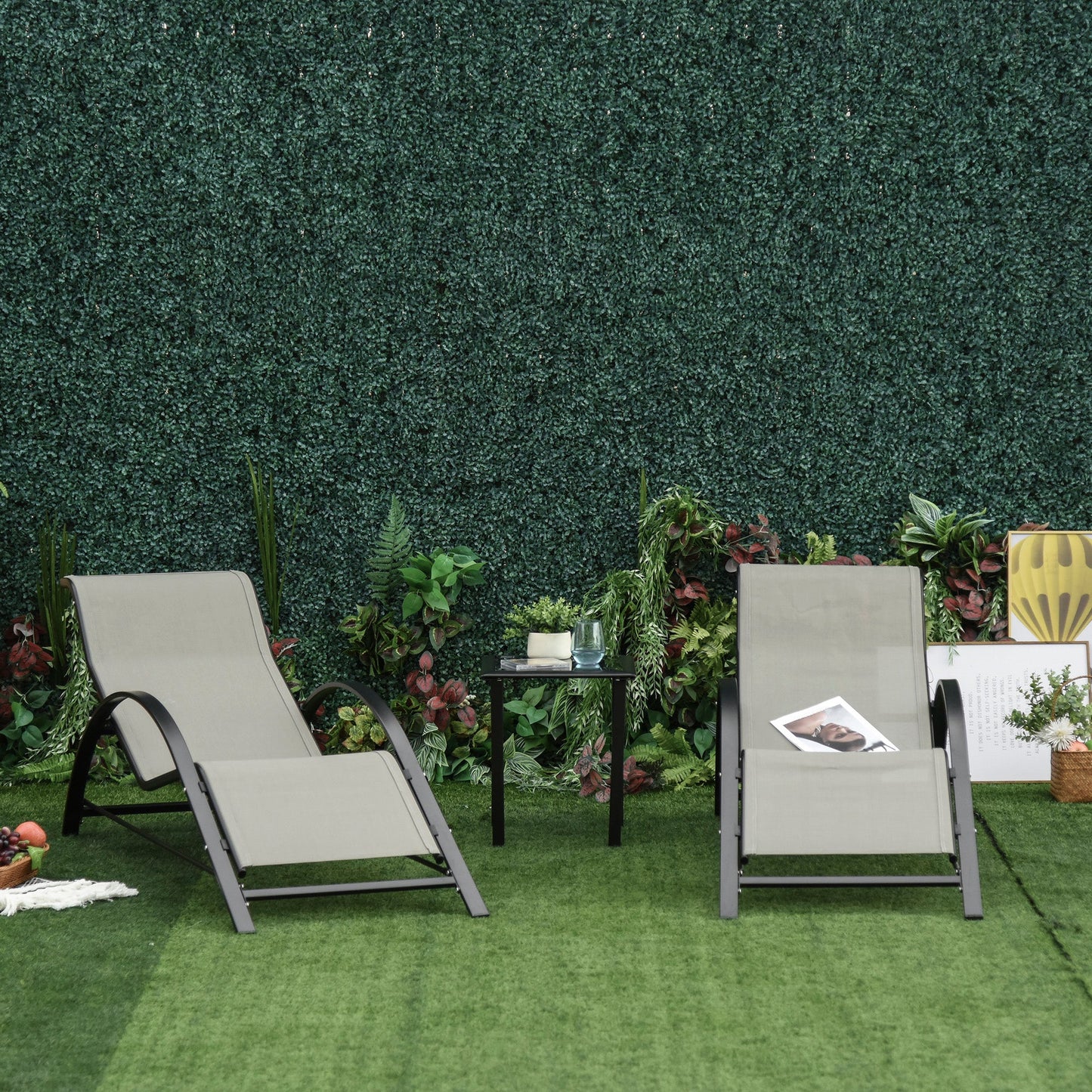 3 Pieces Sun Lounger Chair Set, Metal Frame Garden Outdoor Sunbathing Chair with Side Table and Armrest, Grey