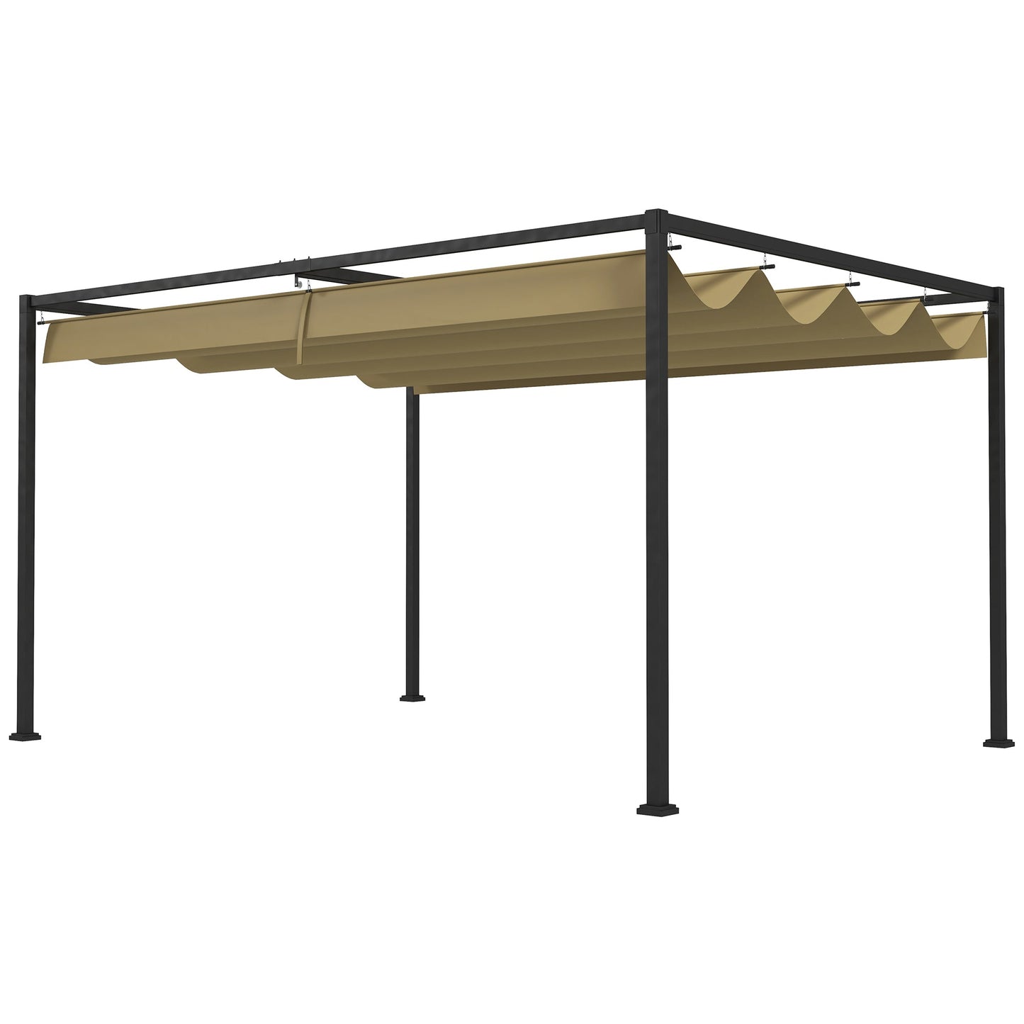 4 x 3(m) Metal Outdoor Pergola with Retractable Roof, Outdoor Gazebo Canopy Shelter with Drainage Holes for Garden, Patio, Lawn, Khaki