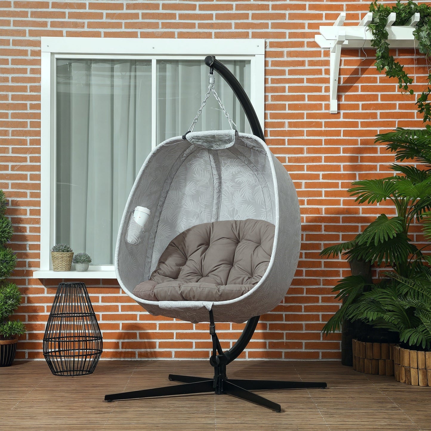 Hanging Egg Chair Outdoor Indoor Garden Swing Chair with Folding Basket, Garden Hanging Chair with Stand, Thickened Cushion, Cup Holder for Patio, Balcony, Sand Brown