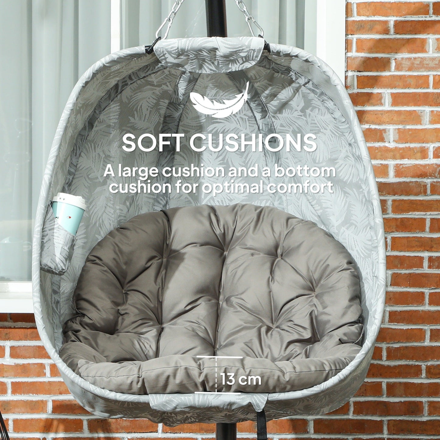 Hanging Egg Chair Outdoor Indoor Garden Swing Chair with Folding Basket, Garden Hanging Chair with Stand, Thickened Cushion, Cup Holder for Patio, Balcony, Sand Brown