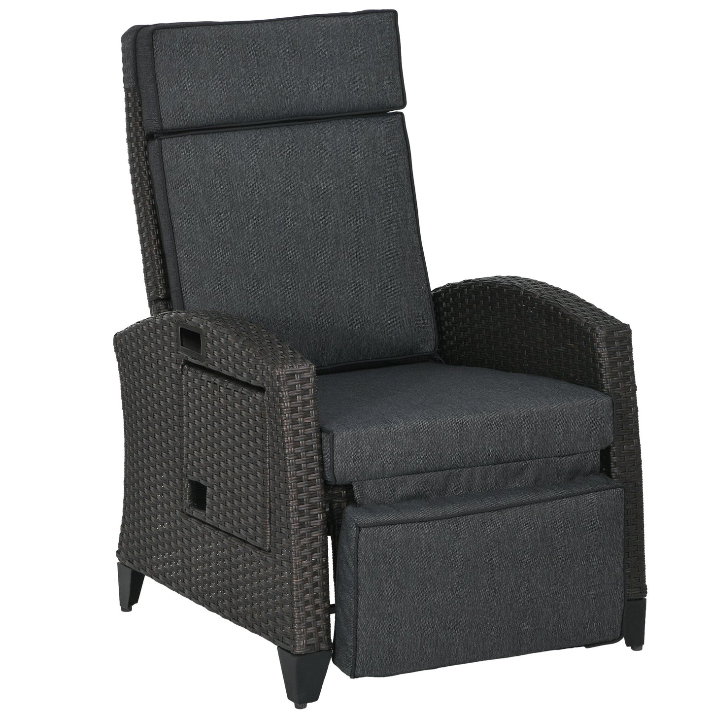 Garden Recliner with Cushion, PE Wicker Outdoor Recliner Chair with Adjustable Backrest & Footrest, Rattan Recliner Chair with Armrests and Side Tray for Balcony, Porch, Dark Grey/Brown