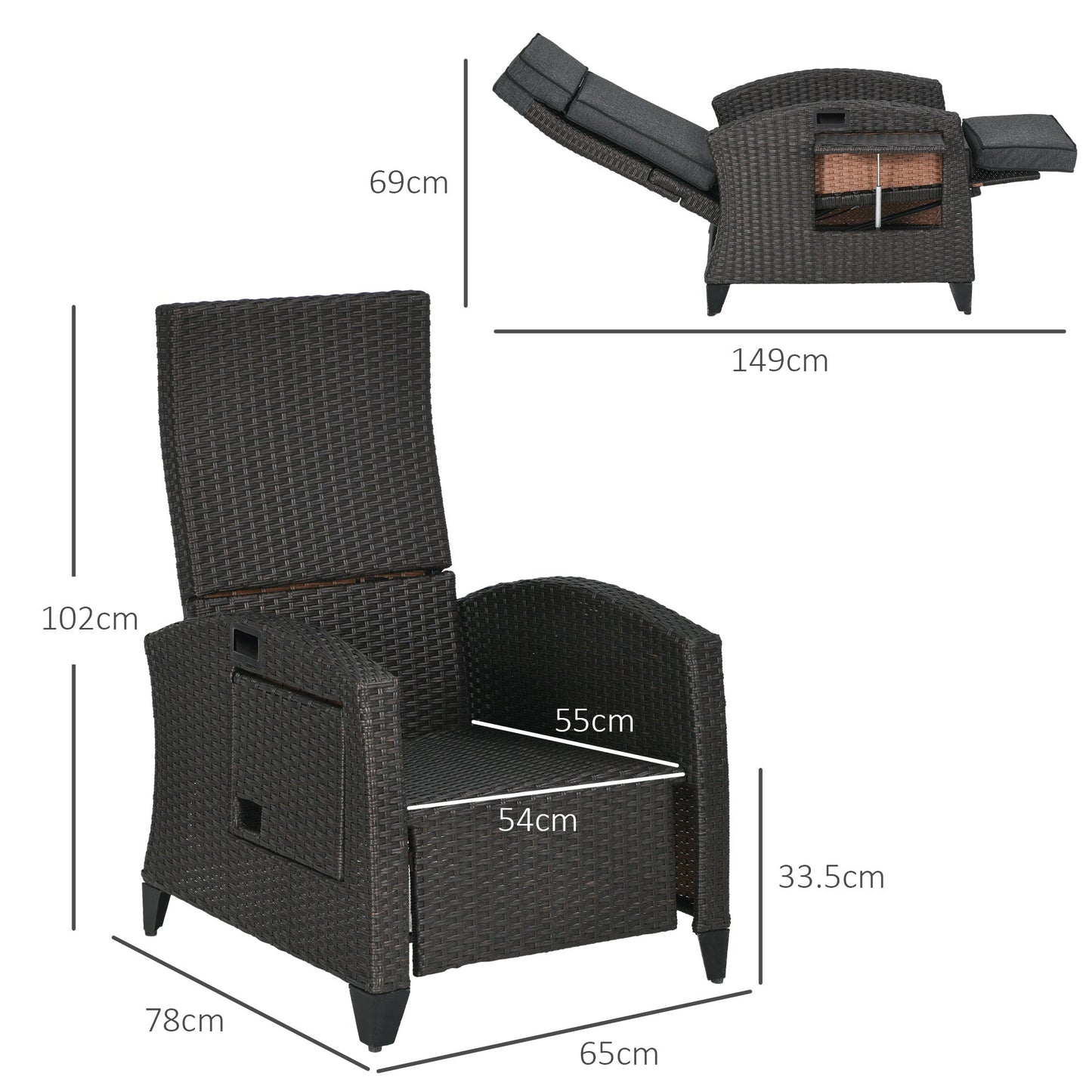 Garden Recliner with Cushion, PE Wicker Outdoor Recliner Chair with Adjustable Backrest & Footrest, Rattan Recliner Chair with Armrests and Side Tray for Balcony, Porch, Dark Grey/Brown
