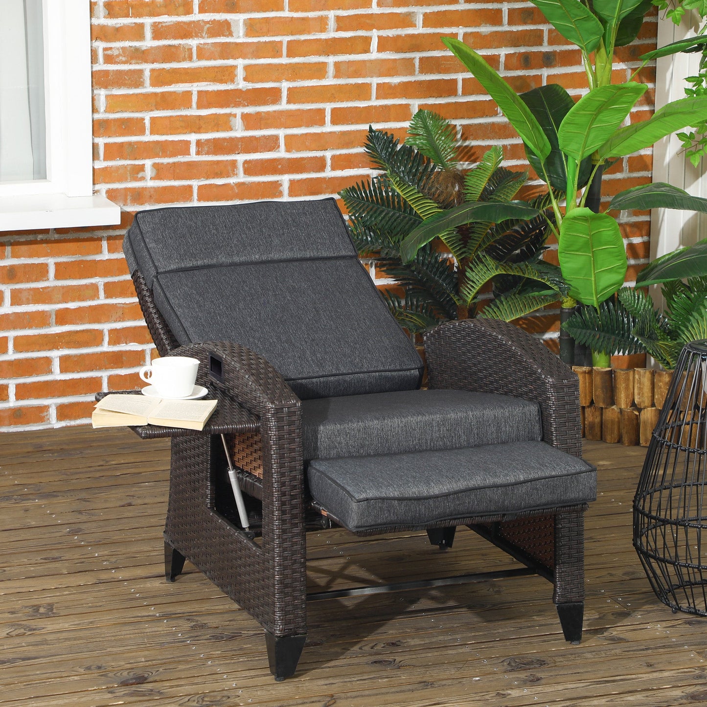 Garden Recliner with Cushion, PE Wicker Outdoor Recliner Chair with Adjustable Backrest & Footrest, Rattan Recliner Chair with Armrests and Side Tray for Balcony, Porch, Dark Grey/Brown