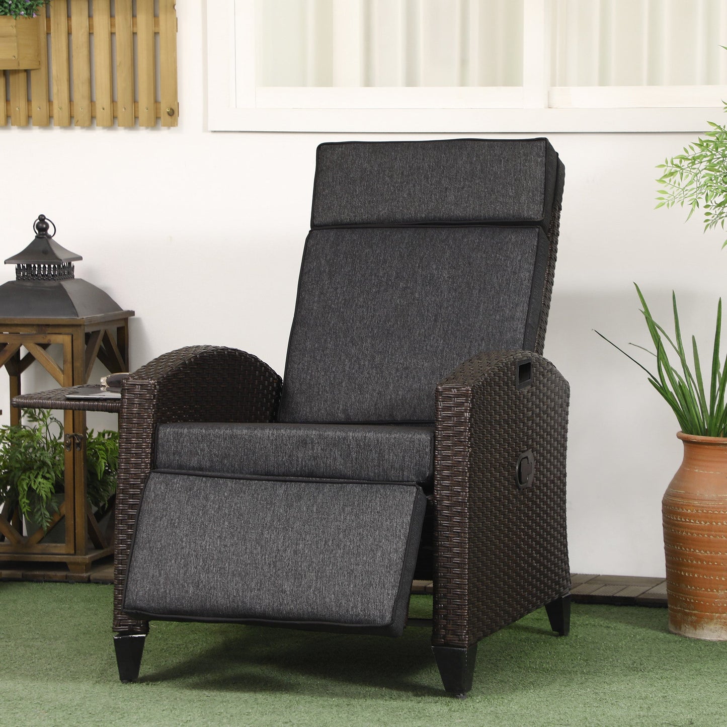 Garden Recliner with Cushion, PE Wicker Outdoor Recliner Chair with Adjustable Backrest & Footrest, Rattan Recliner Chair with Armrests and Side Tray for Balcony, Porch, Dark Grey/Brown