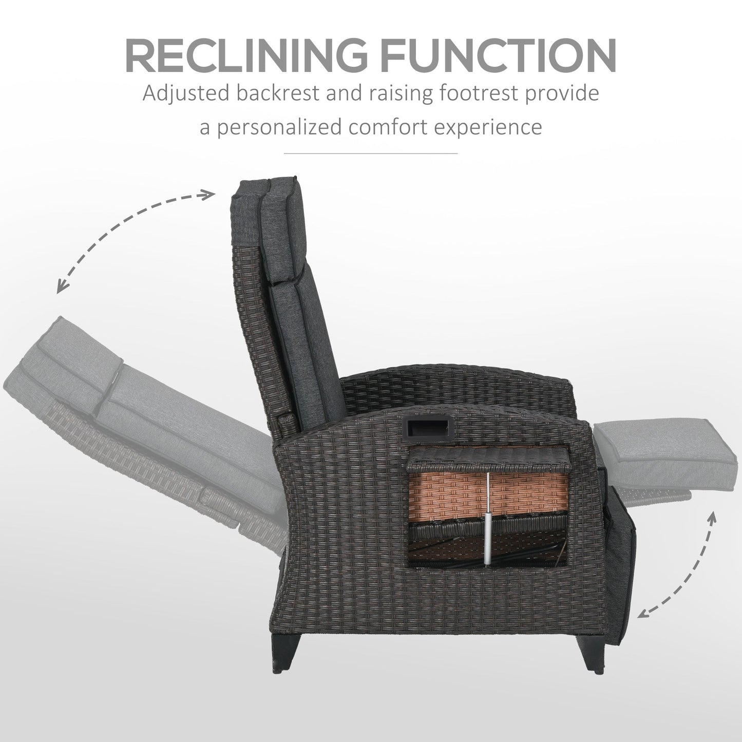 Garden Recliner with Cushion, PE Wicker Outdoor Recliner Chair with Adjustable Backrest & Footrest, Rattan Recliner Chair with Armrests and Side Tray for Balcony, Porch, Dark Grey/Brown