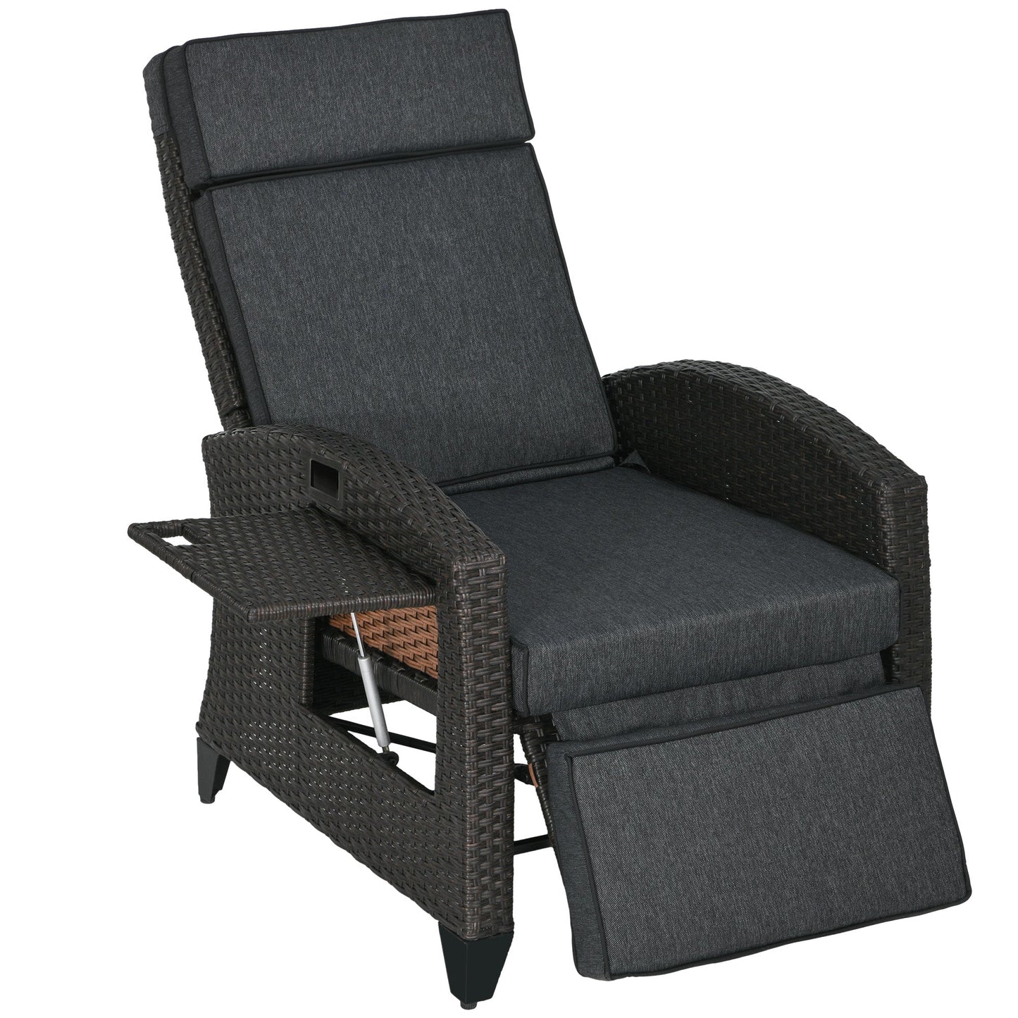 Garden Recliner with Cushion, PE Wicker Outdoor Recliner Chair with Adjustable Backrest & Footrest, Rattan Recliner Chair with Armrests and Side Tray for Balcony, Porch, Dark Grey/Brown