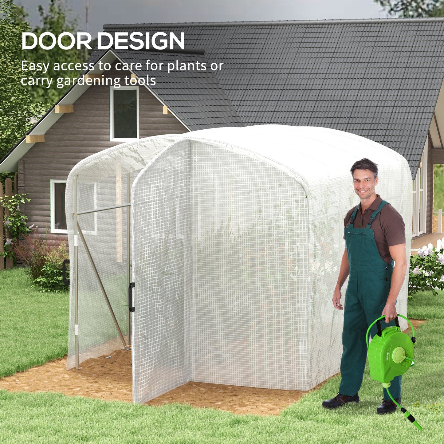 3 x 2 x 2m Polytunnel Greenhouse with Hinged Door, Walk-in Grow House Tent with UV-resistant PE Cover, Galvanised Steel Frame, Clamps, White