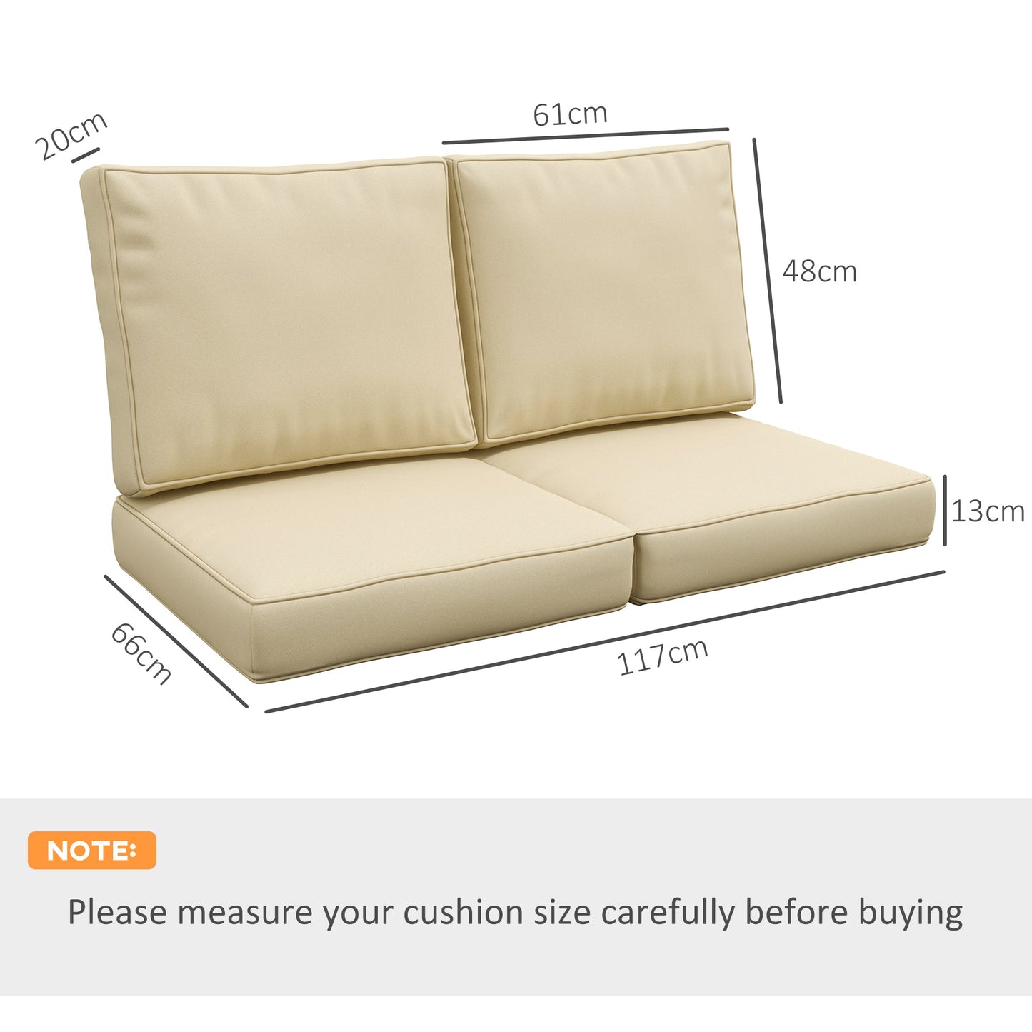 2 Seater Outdoor Seat Cushions, Backrest, Water Repellent Seat Pads for Dining Chair, Swing, Sofa, Beige