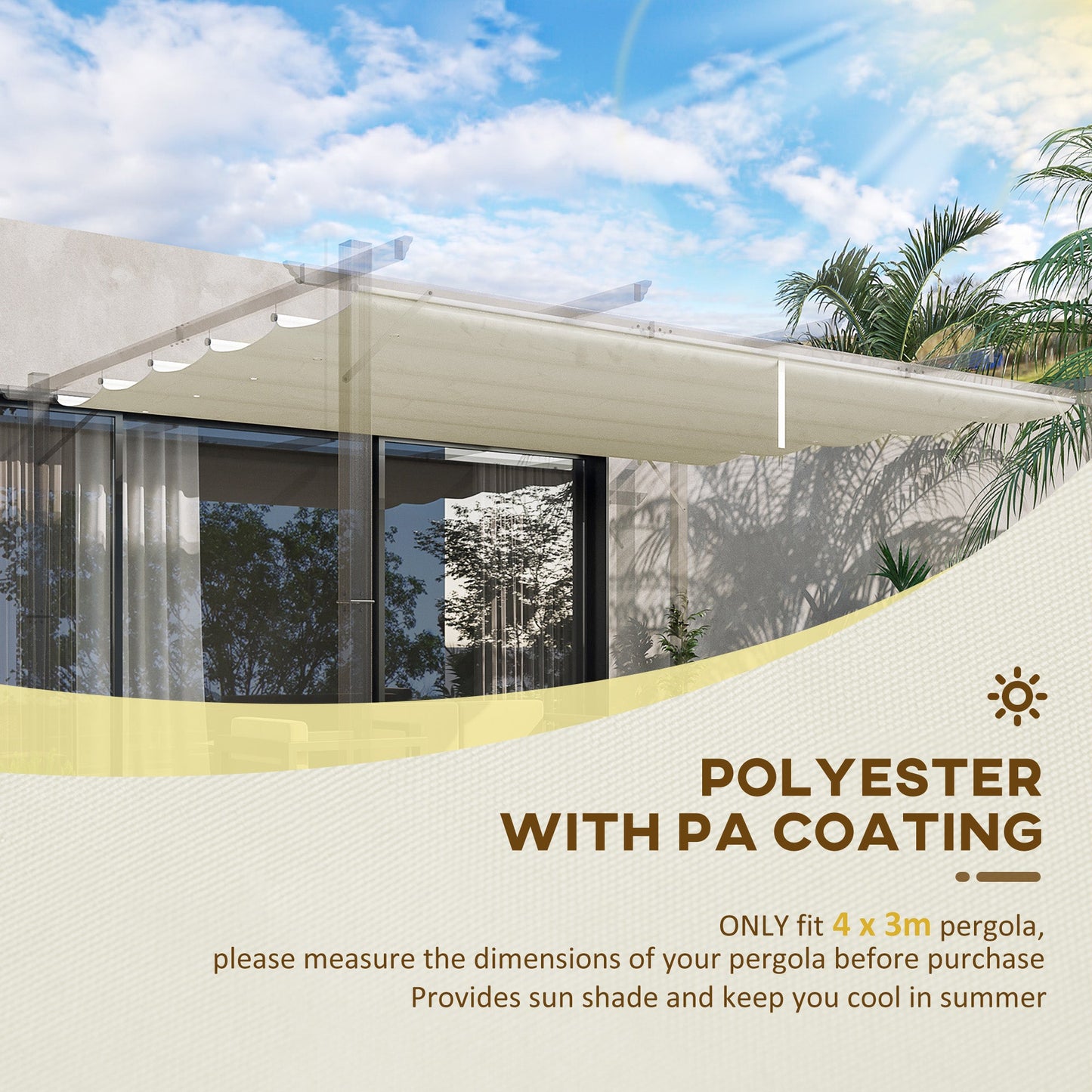 Retractable Pergola Shade Cover, Replacement Canopy Fabric for 4 x 3 (m) Pergola, Gazebo Retractable Roof, Cream White