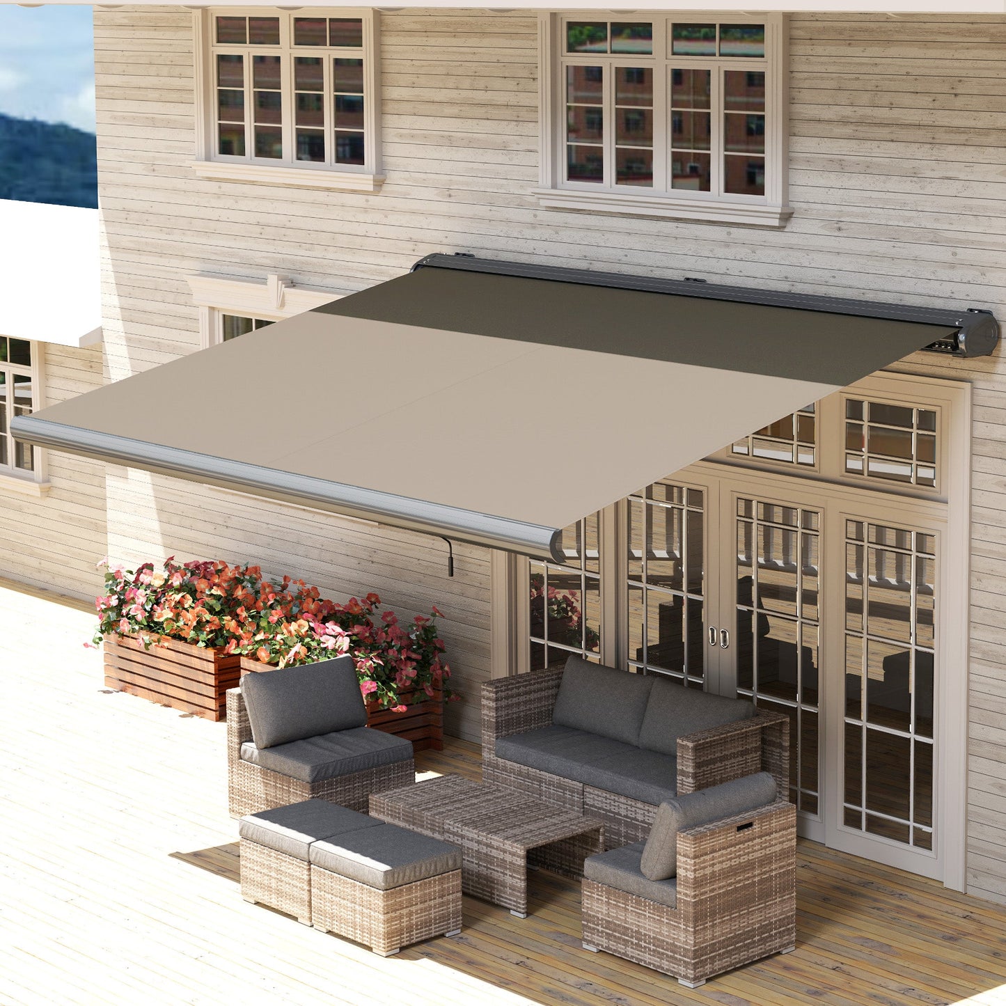 4 x 3(m) Full Cassette Electric Awning with Remote Controller, Aluminium Frame DIY Retractable Garden Awning, UPF50+ Sun Shade Canopy for Deck Door Window, Light Grey