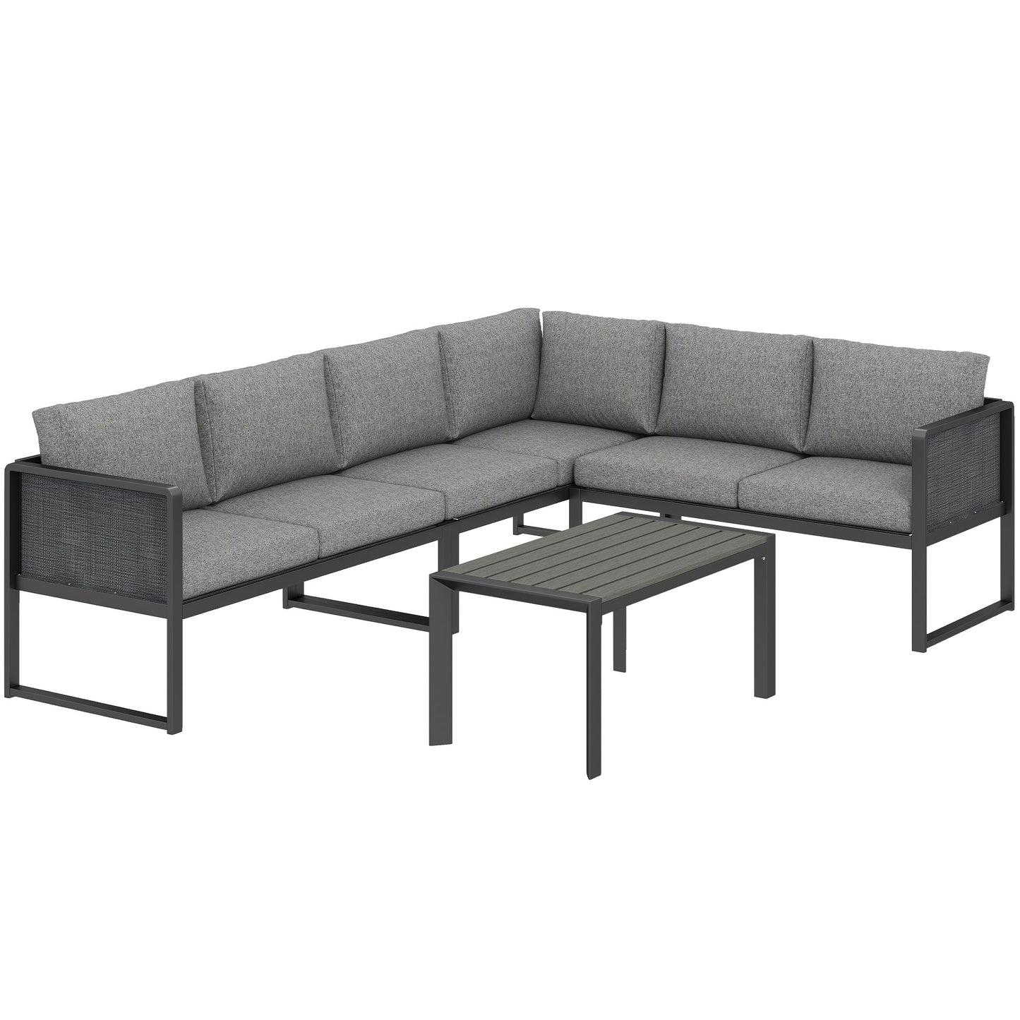 6 Seater Metal Garden Furniture Set, Corner Garden Sofa Set with 3 Texteline Loveseats, Faux Wood Top Coffee Table, L-Shape Outdoor Conversation Furniture with Cushions, Dark Grey