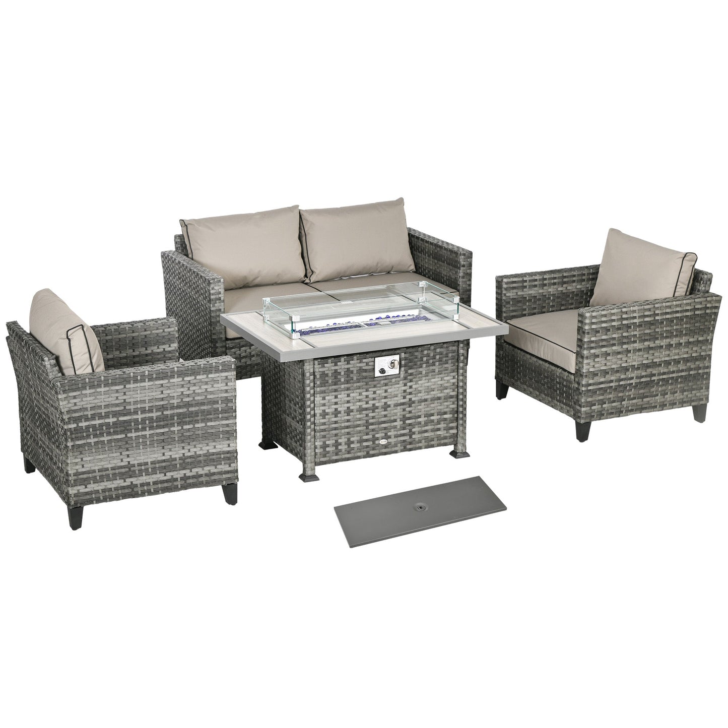 5 Pieces PE Rattan Garden Furniture Set with Gas Fire Pit Table, Loveseat Sofa, Armchairs, Patio Sofa Set with Cushions, Pillows, for Poolside, Grey