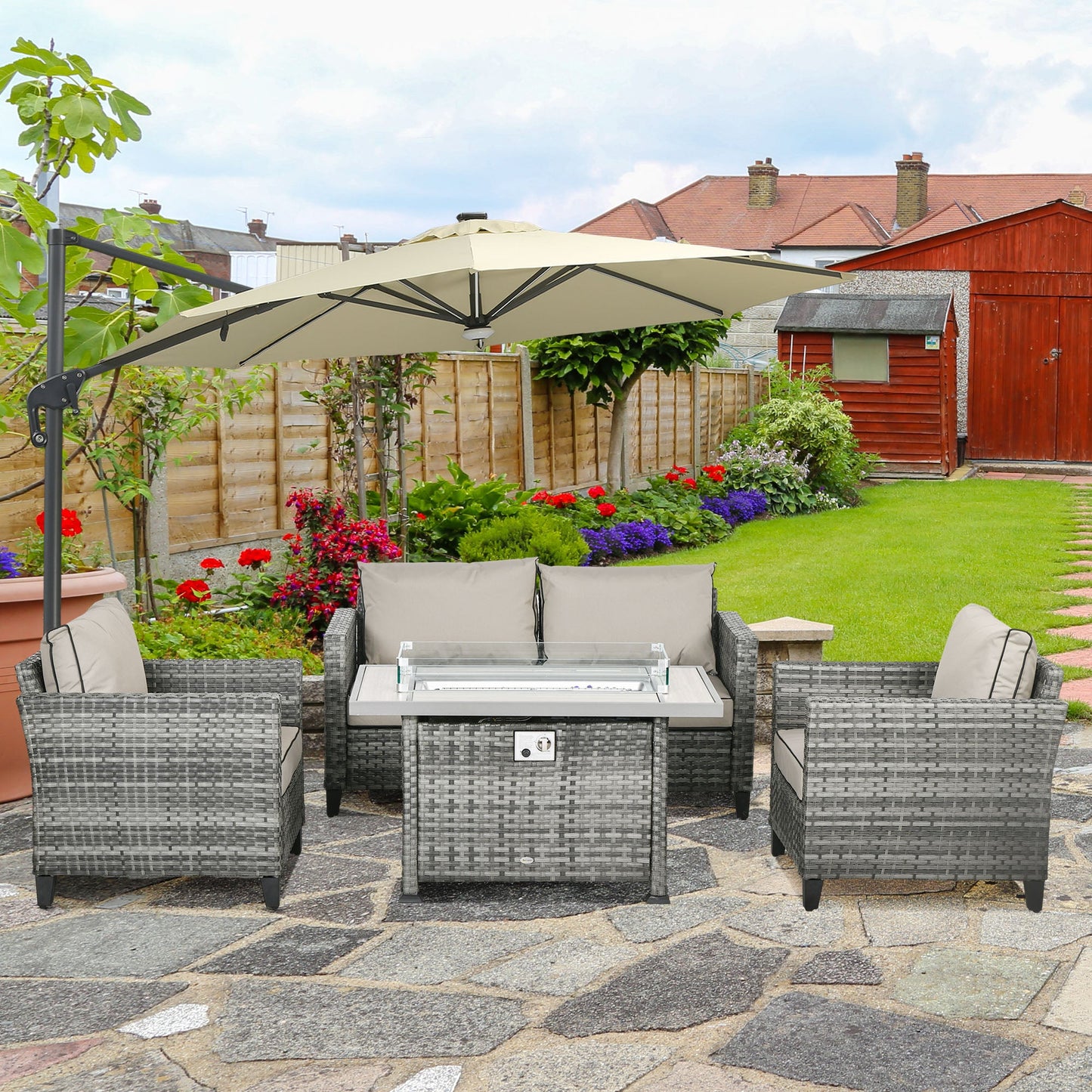 5 Pieces PE Rattan Garden Furniture Set with Gas Fire Pit Table, Loveseat Sofa, Armchairs, Patio Sofa Set with Cushions, Pillows, for Poolside, Grey