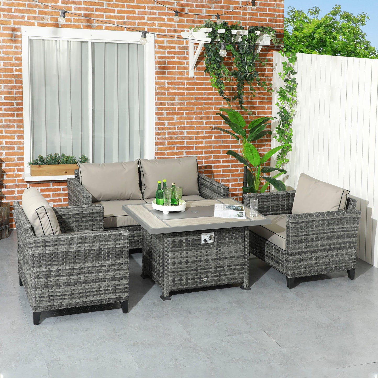 5 Pieces PE Rattan Garden Furniture Set with Gas Fire Pit Table, Loveseat Sofa, Armchairs, Patio Sofa Set with Cushions, Pillows, for Poolside, Grey