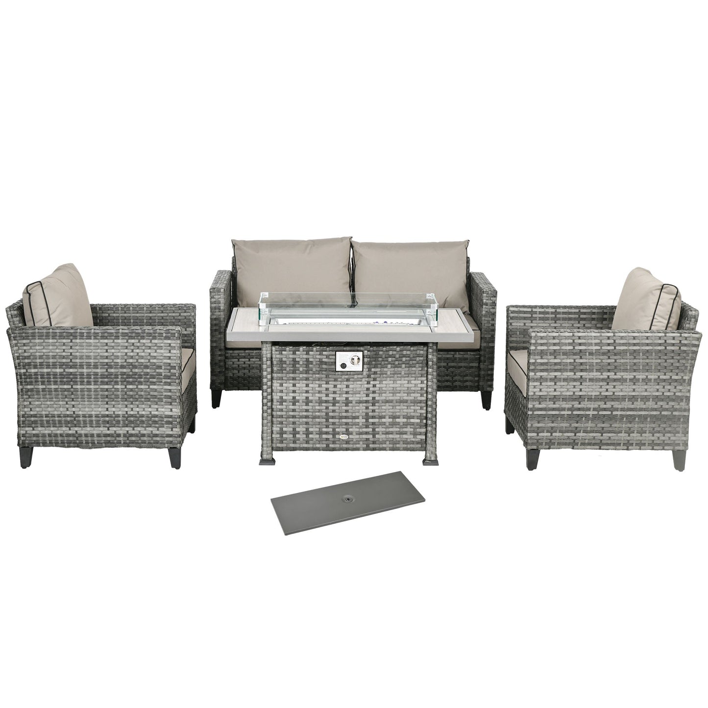 5 Pieces PE Rattan Garden Furniture Set with Gas Fire Pit Table, Loveseat Sofa, Armchairs, Patio Sofa Set with Cushions, Pillows, for Poolside, Grey