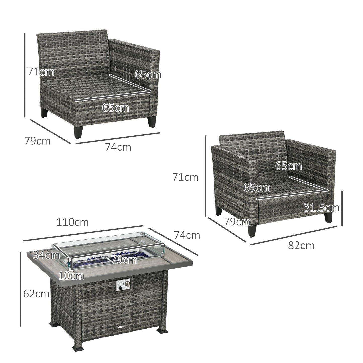 5 Pieces PE Rattan Garden Furniture Set with Gas Fire Pit Table, Loveseat Sofa, Armchairs, Patio Sofa Set with Cushions, Pillows, for Poolside, Grey