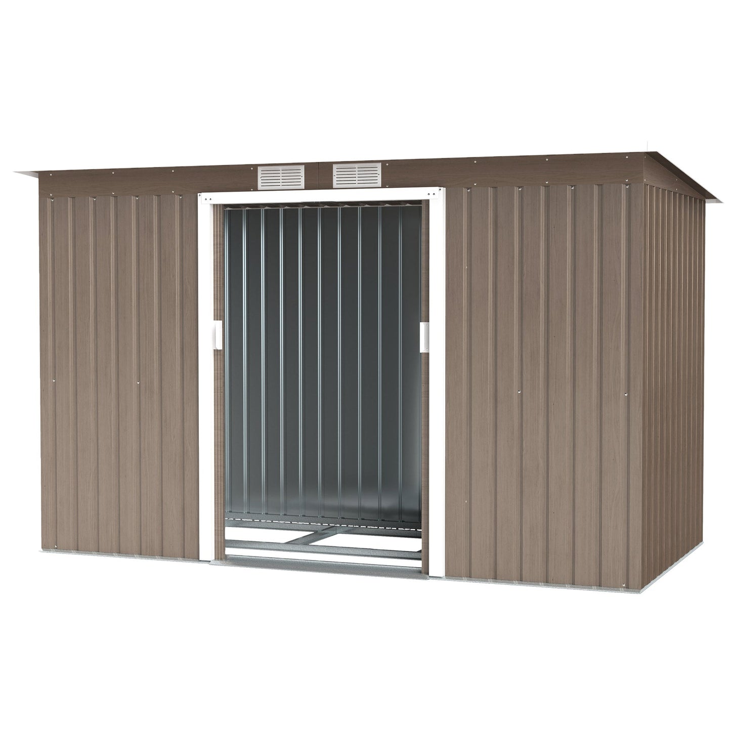 9ft x 4ft Metal Garden Shed, Outdoor Tool House with Foundation Kit, Ventilations and Double Doors, Light Grey Wood Grain