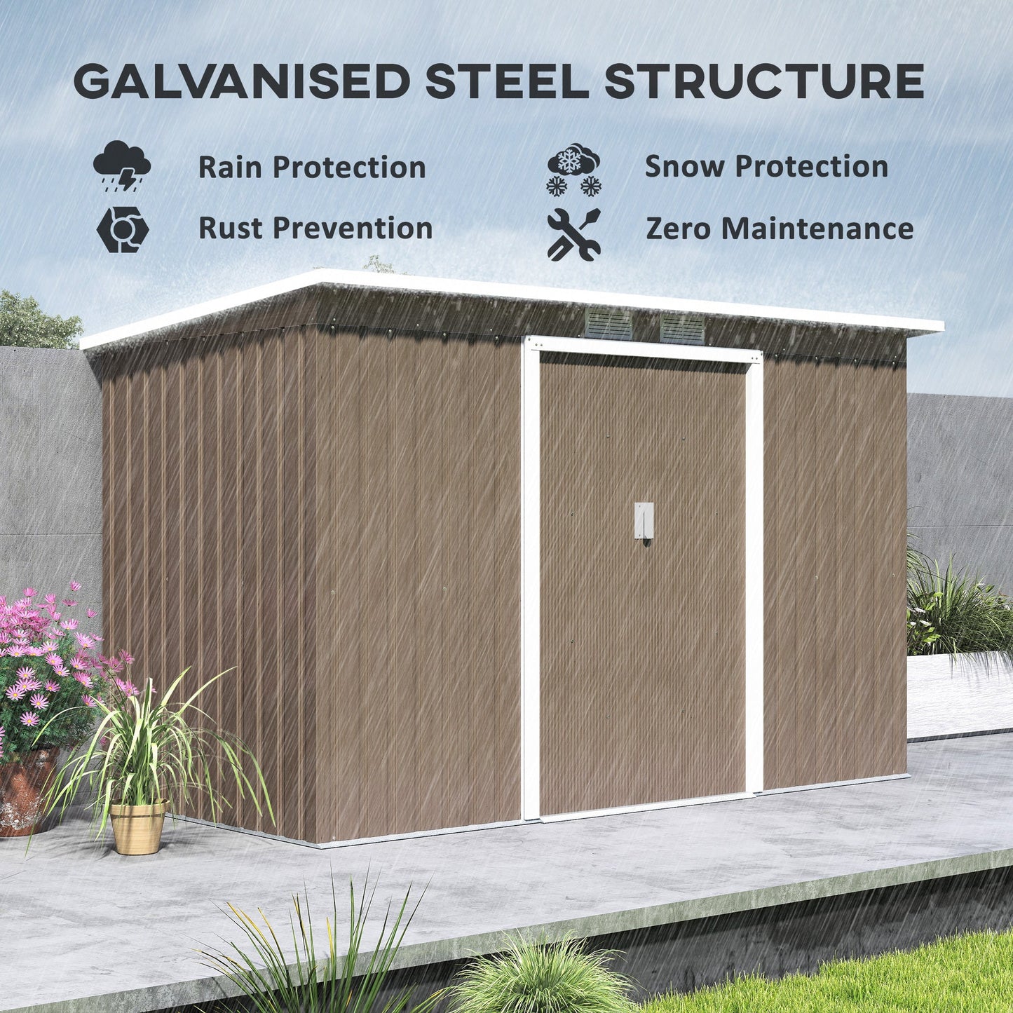 9ft x 4ft Metal Garden Shed, Outdoor Tool House with Foundation Kit, Ventilations and Double Doors, Light Grey Wood Grain