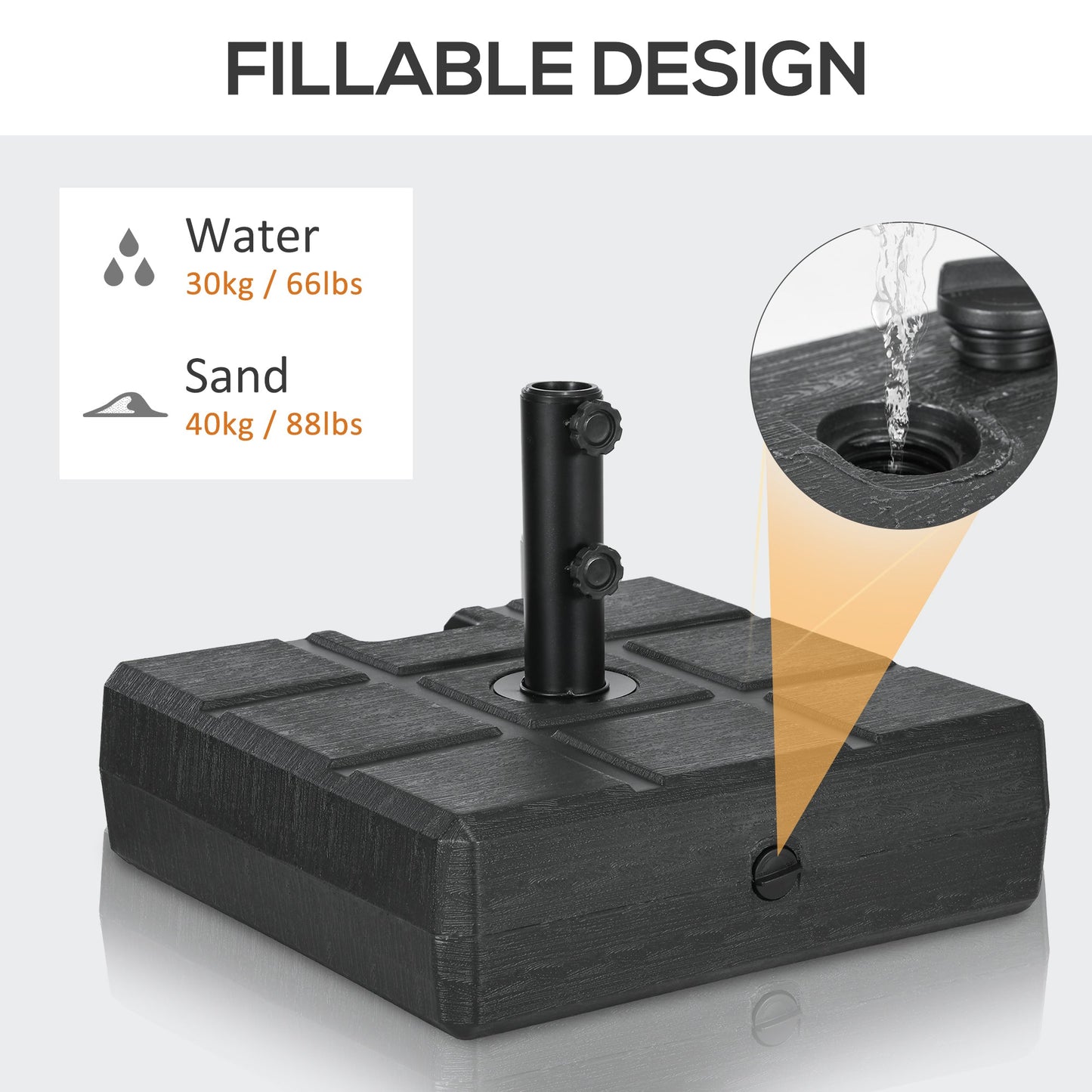 Garden Parasol Base with Wood Effect, 30kg Water or 40kg Sand Filled, Heavy Duty HDPE Umbrella Stand with Double Knob, Fillable Parasol Stand for 32mm, 38mm, 48mm Poles, Black