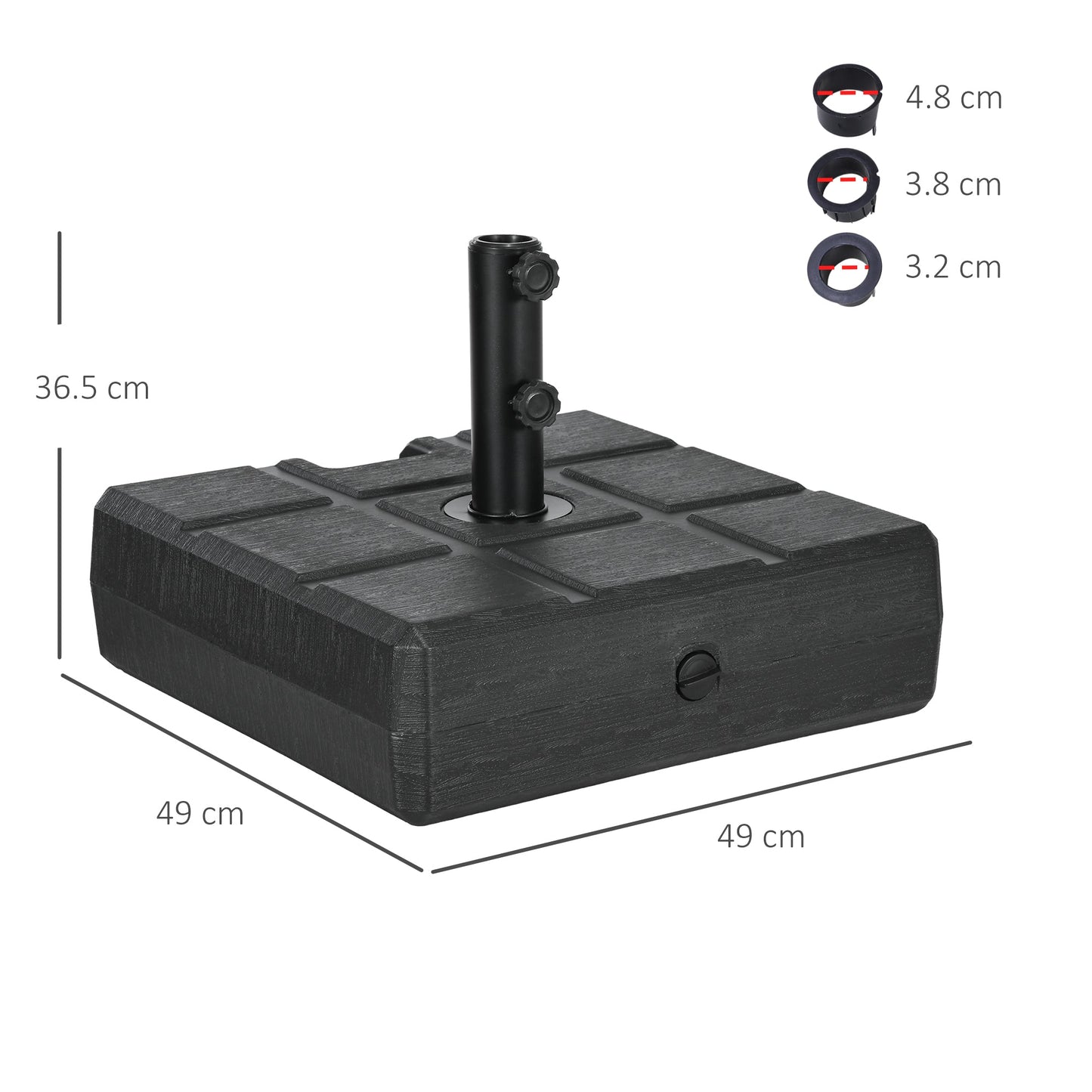 Garden Parasol Base with Wood Effect, 30kg Water or 40kg Sand Filled, Heavy Duty HDPE Umbrella Stand with Double Knob, Fillable Parasol Stand for 32mm, 38mm, 48mm Poles, Black
