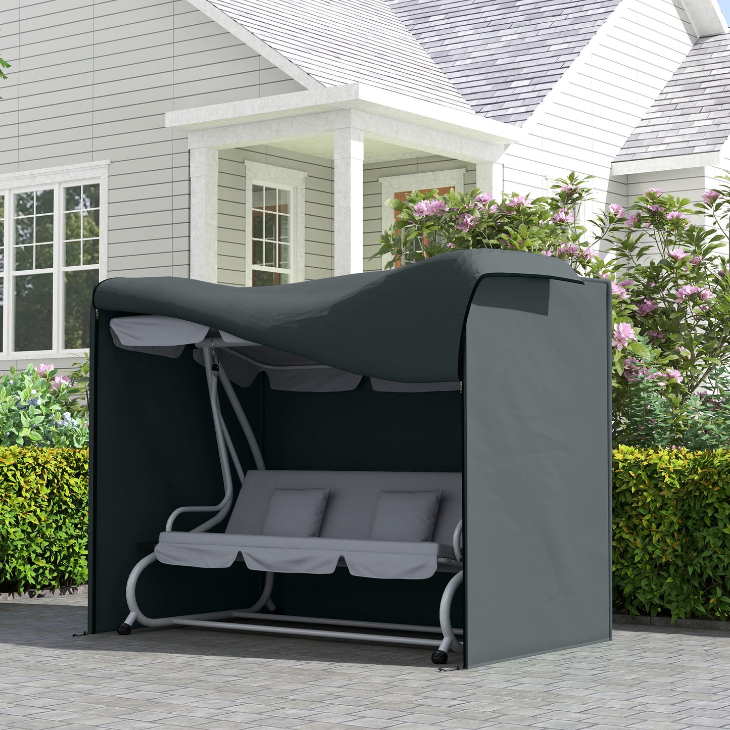 3 Seater Garden Swing Cover, Waterproof Swing Chair Cover, Windproof and Anti-UV 420D Outdoor Swing Bench Cover with Zip, 220 x 125 x 172cm, Grey