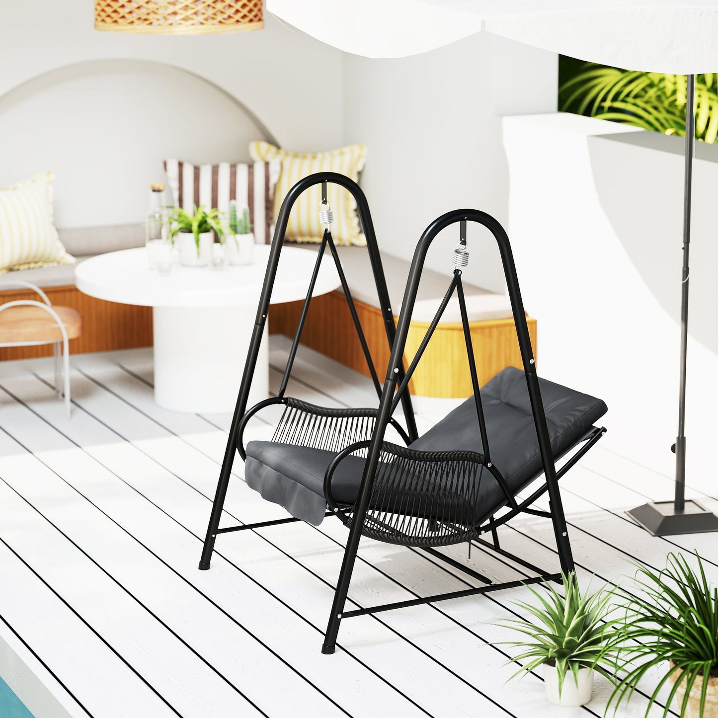 Rattan Swing Chair, Outdoor Garden Hanging Swing Seat with Stand and Seat Cushion, Porch Hanging Chair for Balcony, Garden, Deck, Dark Grey