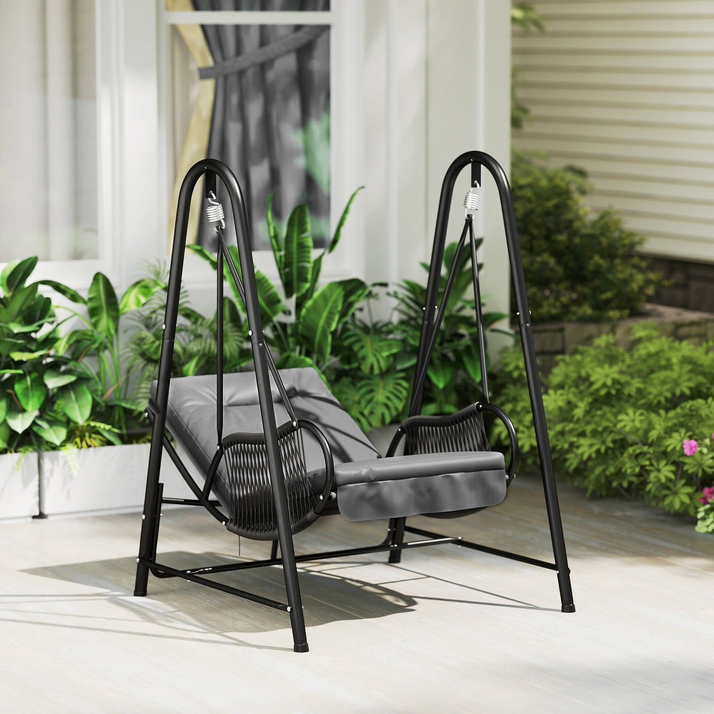 Rattan Swing Chair, Outdoor Garden Hanging Swing Seat with Stand and Seat Cushion, Porch Hanging Chair for Balcony, Garden, Deck, Dark Grey