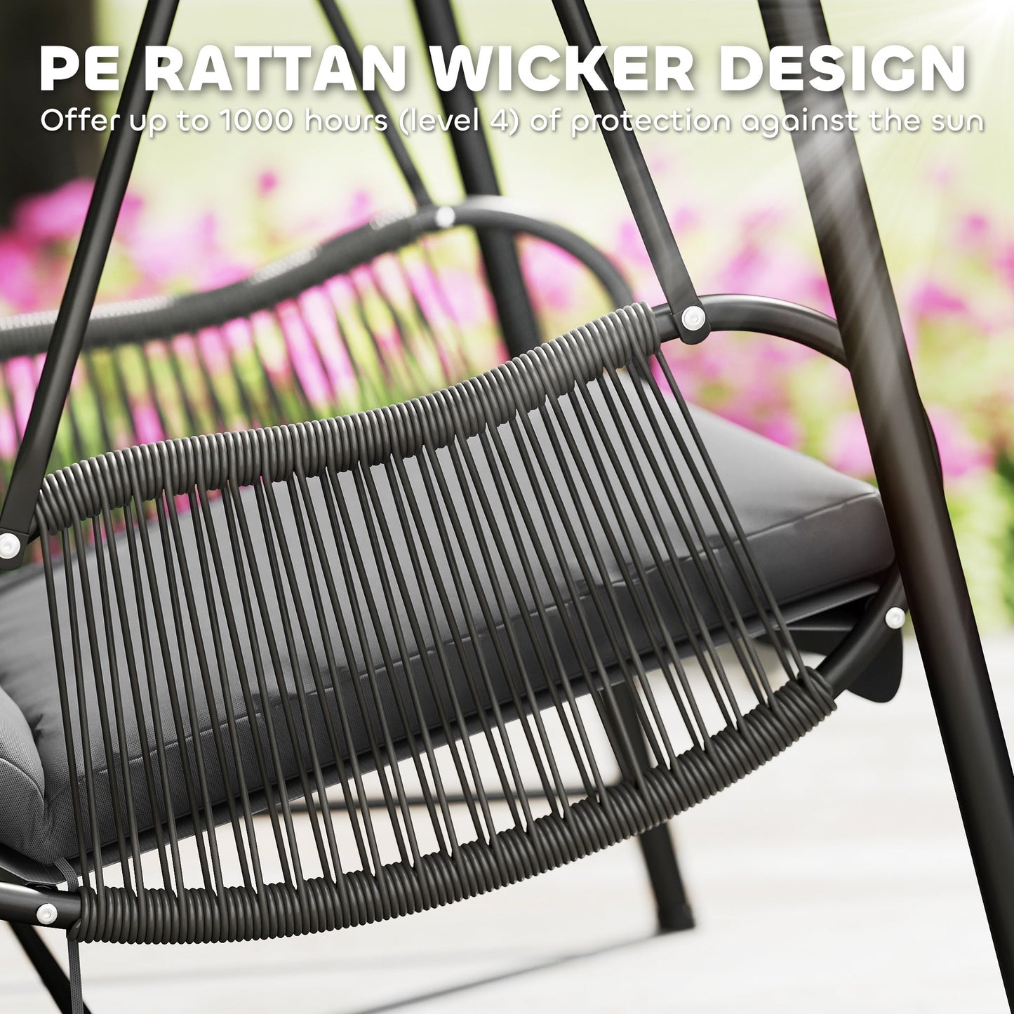 Rattan Swing Chair, Outdoor Garden Hanging Swing Seat with Stand and Seat Cushion, Porch Hanging Chair for Balcony, Garden, Deck, Dark Grey
