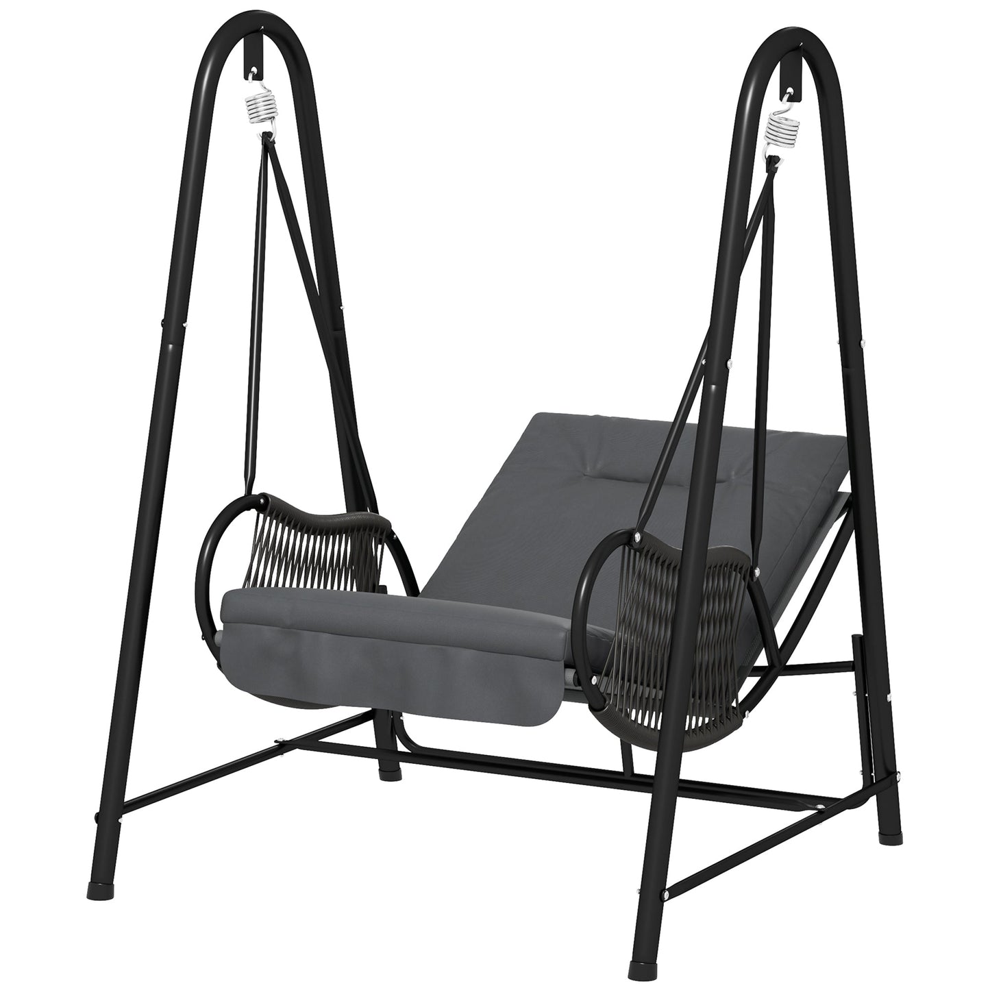 Rattan Swing Chair, Outdoor Garden Hanging Swing Seat with Stand and Seat Cushion, Porch Hanging Chair for Balcony, Garden, Deck, Dark Grey