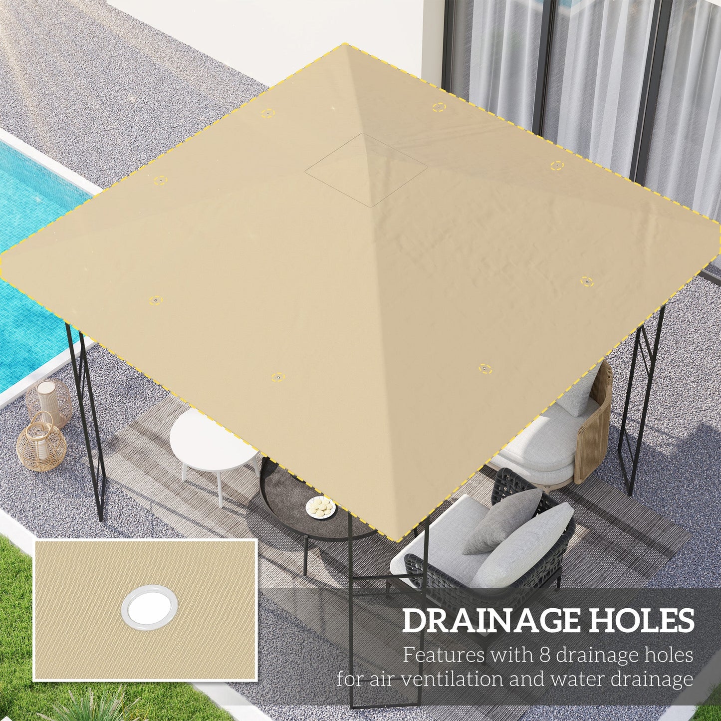 3 x 3(m) Gazebo Canopy Replacement Cover, Garden Gazebo Roof Replacement with Drain Holes, Water Resistant PVC Coating, 370g/㎡, UPF30+, TOP COVER ONLY, Beige