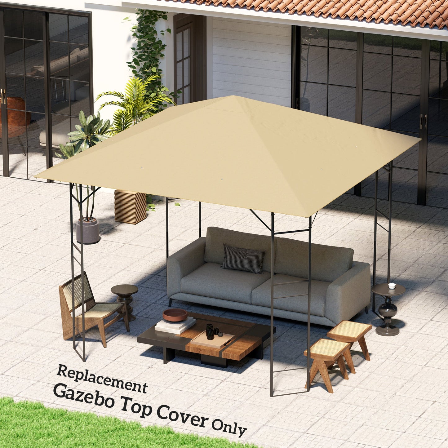 3 x 3(m) Gazebo Canopy Replacement Cover, Garden Gazebo Roof Replacement with Drain Holes, Water Resistant PVC Coating, 370g/㎡, UPF30+, TOP COVER ONLY, Beige