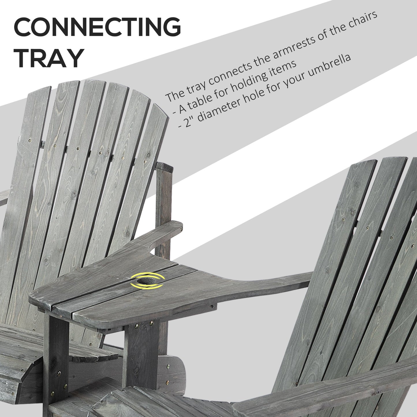 Wooden Outdoor Double Adirondack Chairs Loveseat w/ Centre Table and Umbrella Hole, Garden Patio Furniture for Lounging and Relaxing, Grey