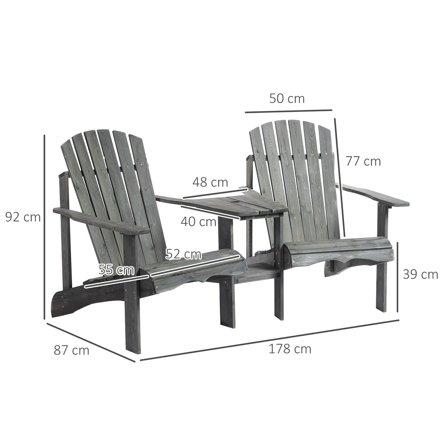 Wooden Outdoor Double Adirondack Chairs Loveseat w/ Centre Table and Umbrella Hole, Garden Patio Furniture for Lounging and Relaxing, Grey