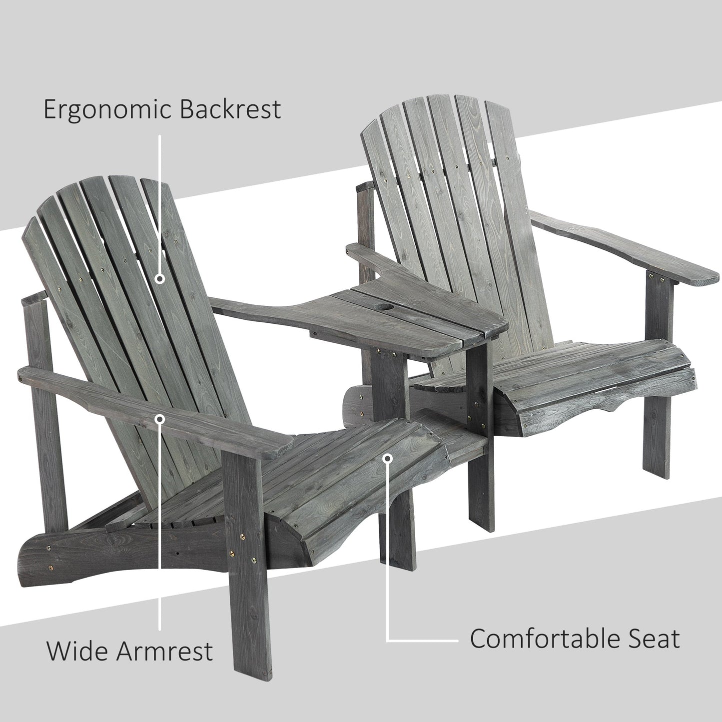 Wooden Outdoor Double Adirondack Chairs Loveseat w/ Centre Table and Umbrella Hole, Garden Patio Furniture for Lounging and Relaxing, Grey