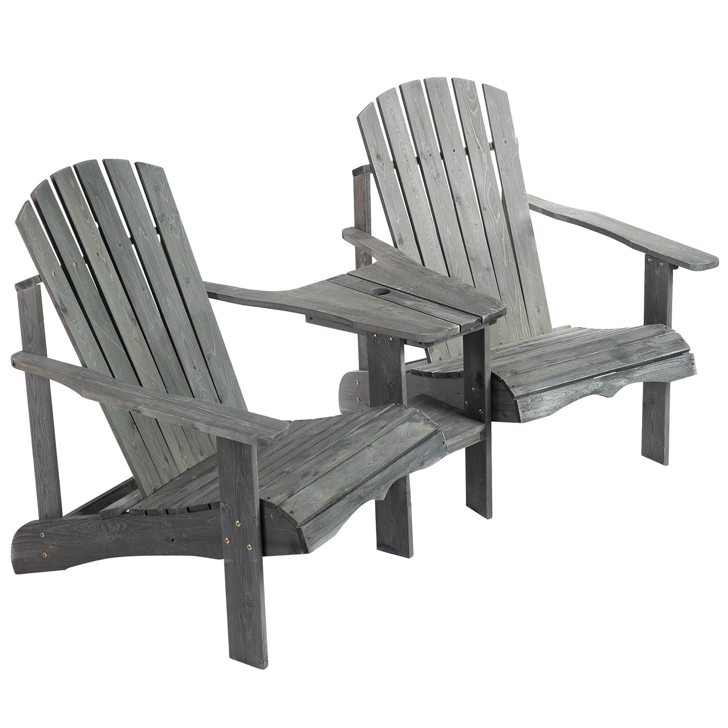 Wooden Outdoor Double Adirondack Chairs Loveseat w/ Centre Table and Umbrella Hole, Garden Patio Furniture for Lounging and Relaxing, Grey