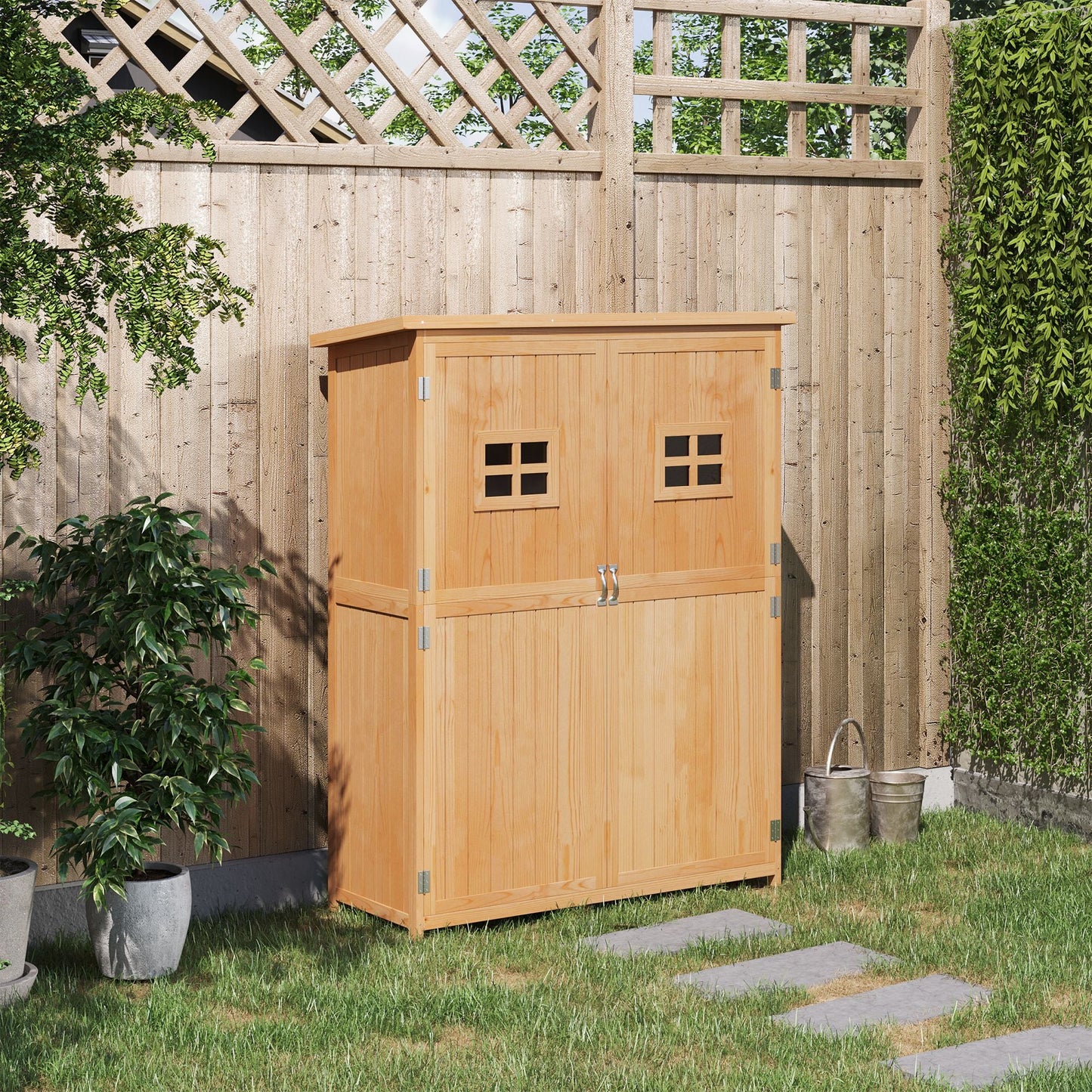Wooden Garden Shed with Two Windows, Tool Storage Cabinet, Outdoor Double Door Organizer 127.5L x 50W x 164H cm, Natural