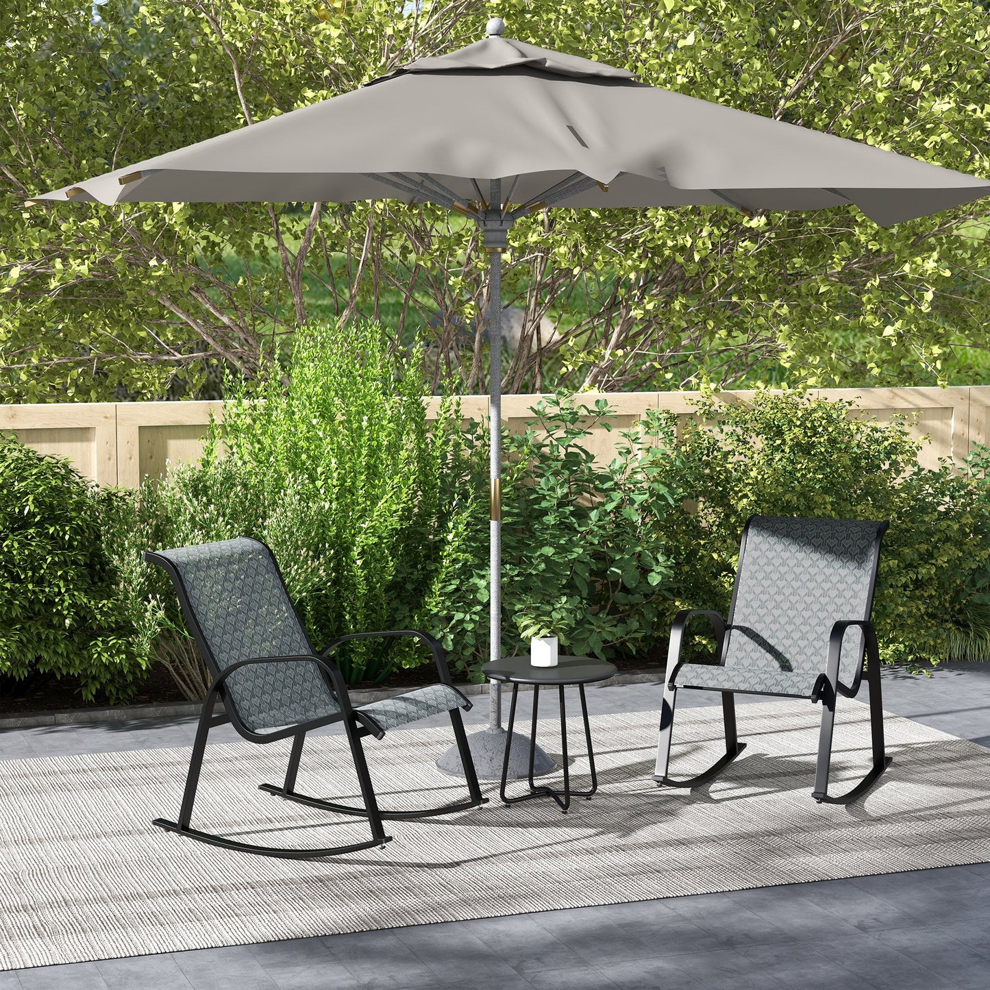 3 Piece Outdoor Rocking Set with 2 Armchairs and Metal Top Coffee Table, Patio Bistro Set with Curved Armrests, Breathable Mesh Fabric Seat for Garden, Deck, Mixed Grey
