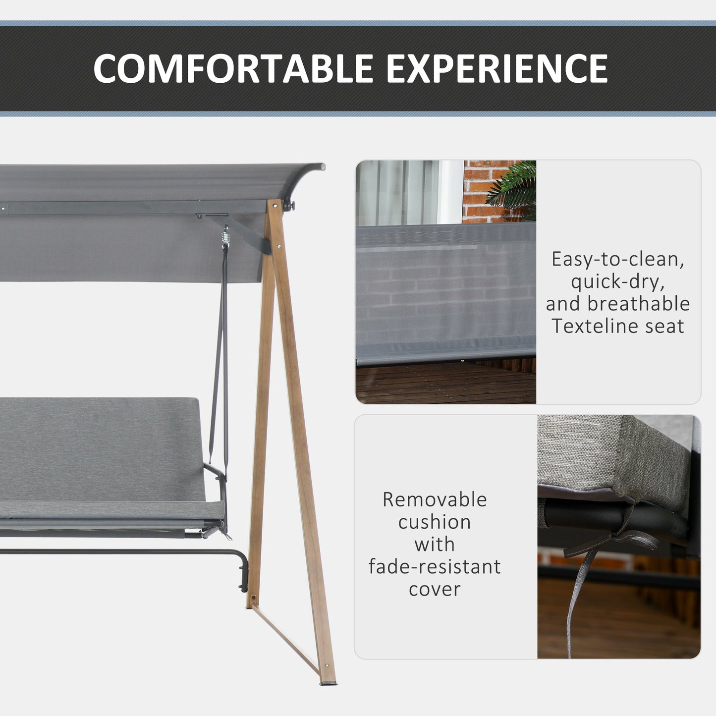 3 Seater Swing Chair, Garden Swing Bench with Adjustable Canopy, Cushioned Seat and Weather Resistant Steel Frame for Patio, Yard