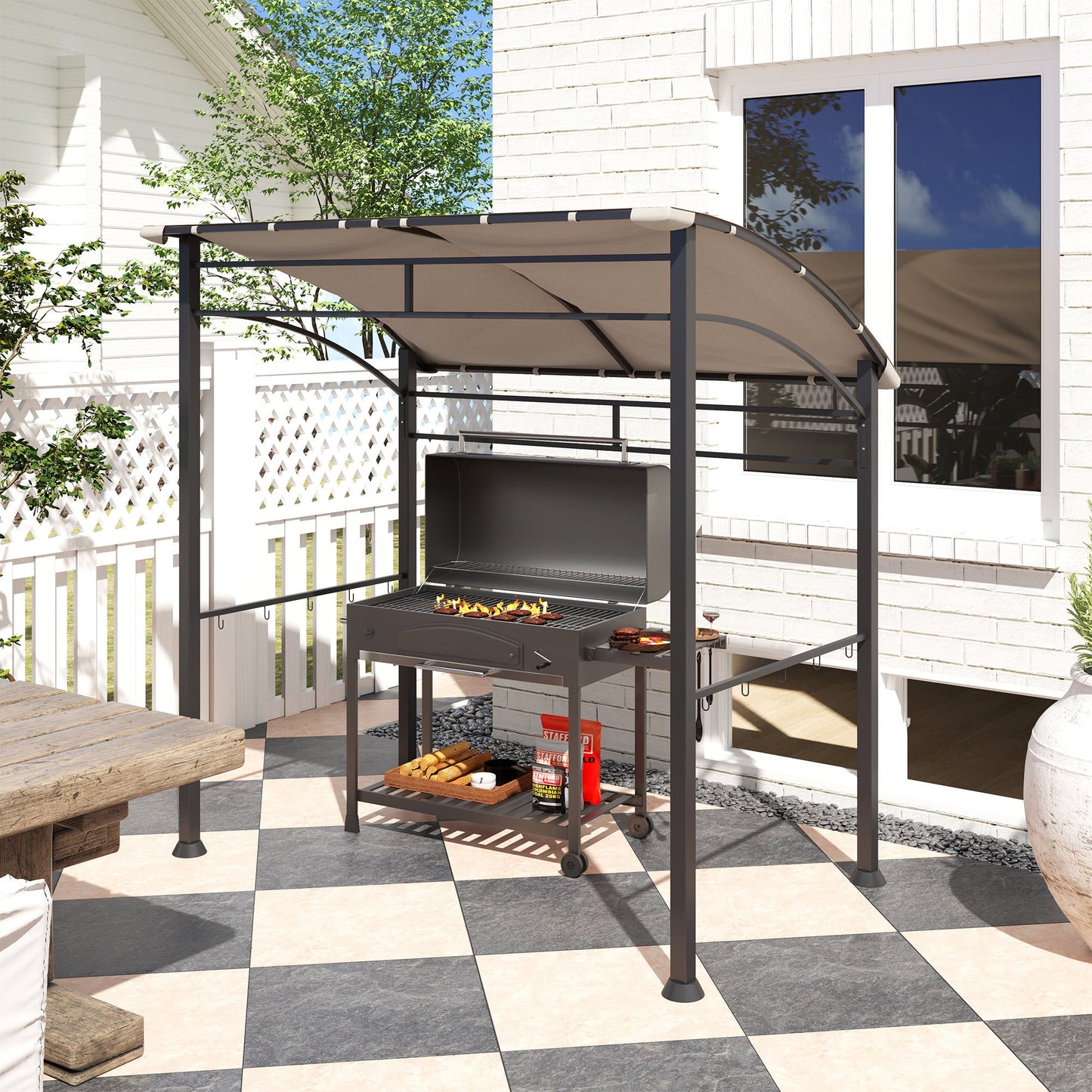 2.2 x 1.5 m BBQ Grill Gazebo Tent, Garden Grill with Metal Frame, Curved Canopy and 10 Hooks, Outdoor Sun Shade, Khaki