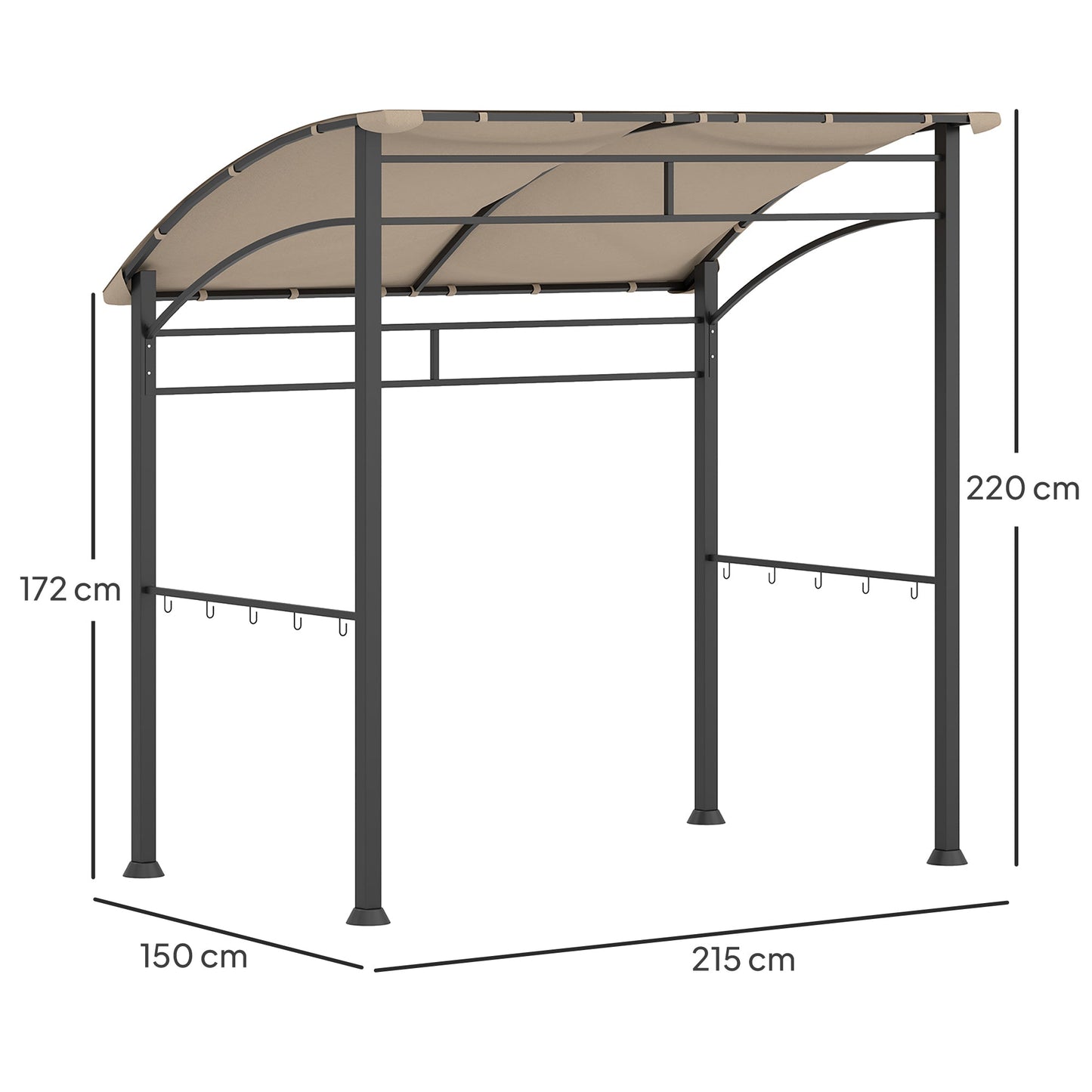 2.2 x 1.5 m BBQ Grill Gazebo Tent, Garden Grill with Metal Frame, Curved Canopy and 10 Hooks, Outdoor Sun Shade, Khaki