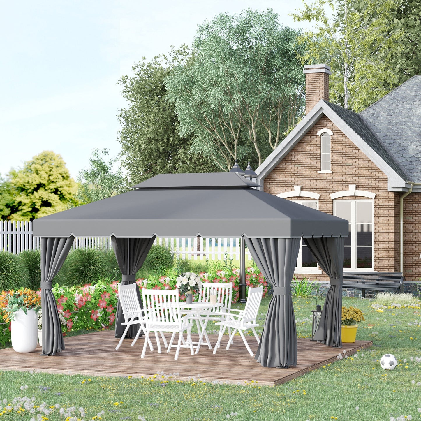 3 x 4m Aluminium Garden Gazebo, Marquee Canopy Shelter Pavilion Party Tent with Nets and Curtains for Garden and Deck, Dark Grey
