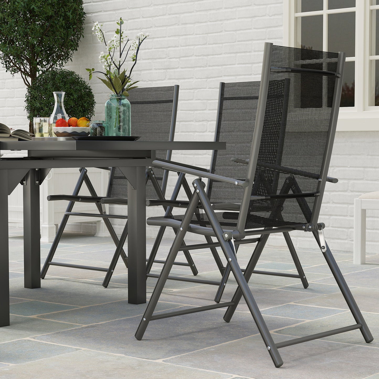 7 Piece Outdoor Dining Set, Garden Furniture Set with Extendable Table and 6 Folding Chairs, Outdoor Conversation Set with 5mm Tempered Glass Top & Aluminium Frame, for Patio, Balcony, Deck