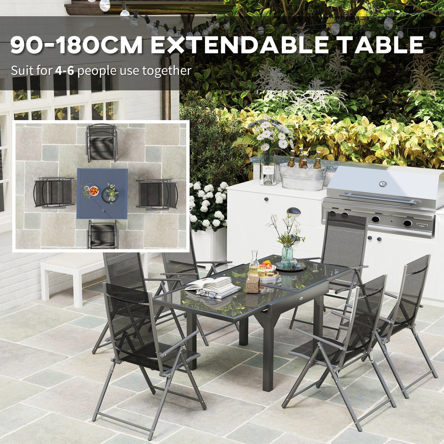 7 Piece Outdoor Dining Set, Garden Furniture Set with Extendable Table and 6 Folding Chairs, Outdoor Conversation Set with 5mm Tempered Glass Top & Aluminium Frame, for Patio, Balcony, Deck
