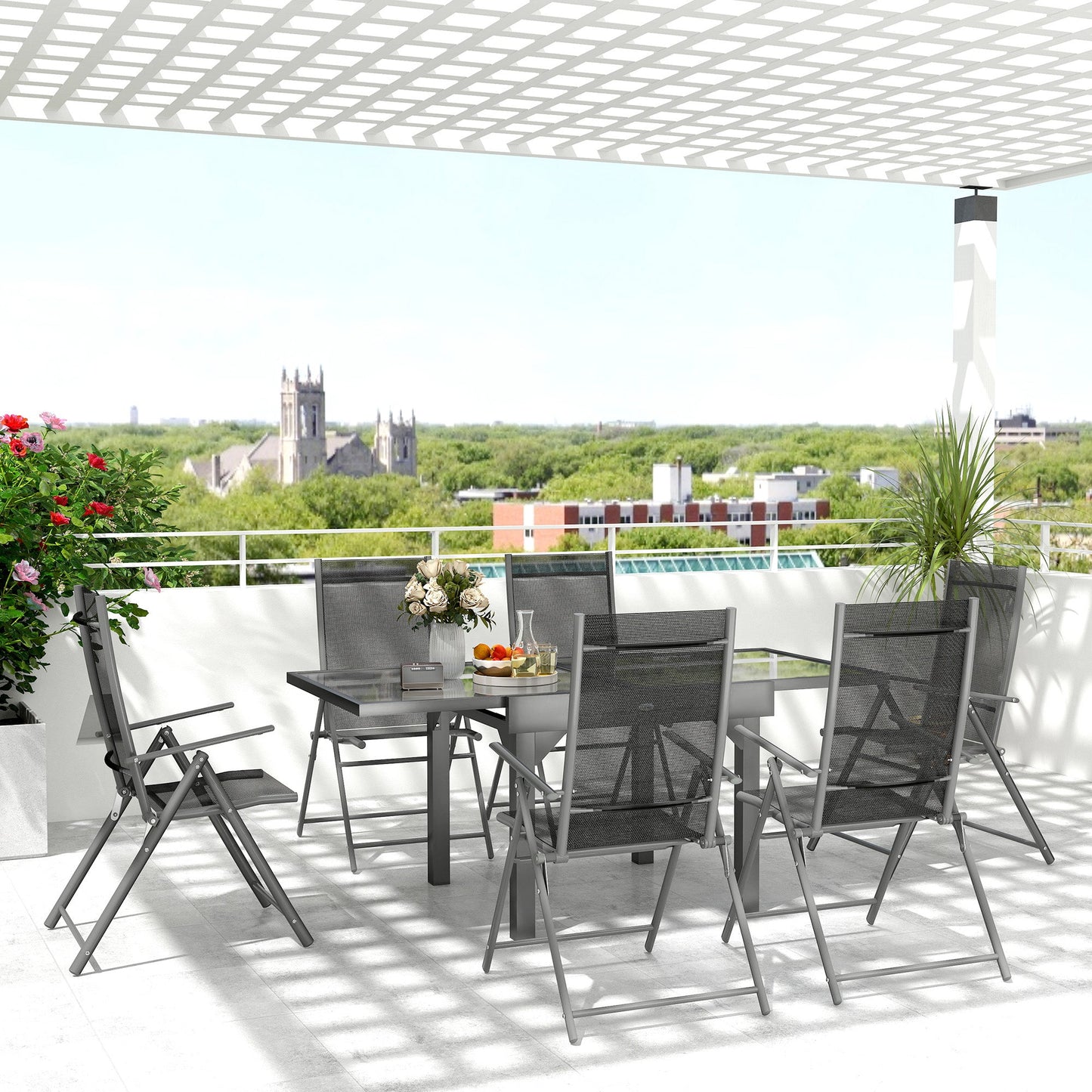7 Piece Outdoor Dining Set, Garden Furniture Set with Extendable Table and 6 Folding Chairs, Outdoor Conversation Set with 5mm Tempered Glass Top & Aluminium Frame, for Patio, Balcony, Deck