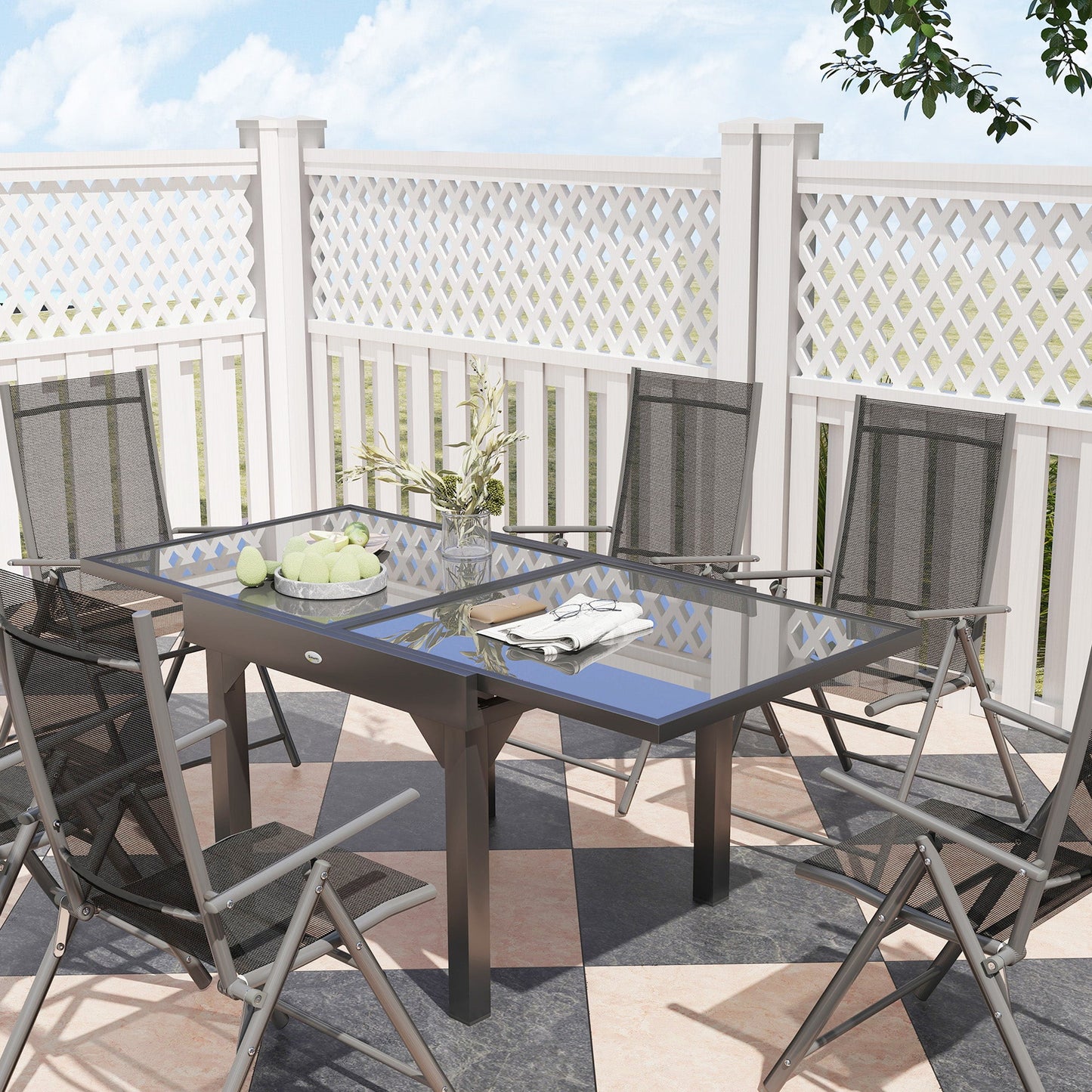 7 Piece Outdoor Dining Set, Garden Furniture Set with Extendable Table and 6 Folding Chairs, Outdoor Conversation Set with 5mm Tempered Glass Top & Aluminium Frame, for Patio, Balcony, Deck