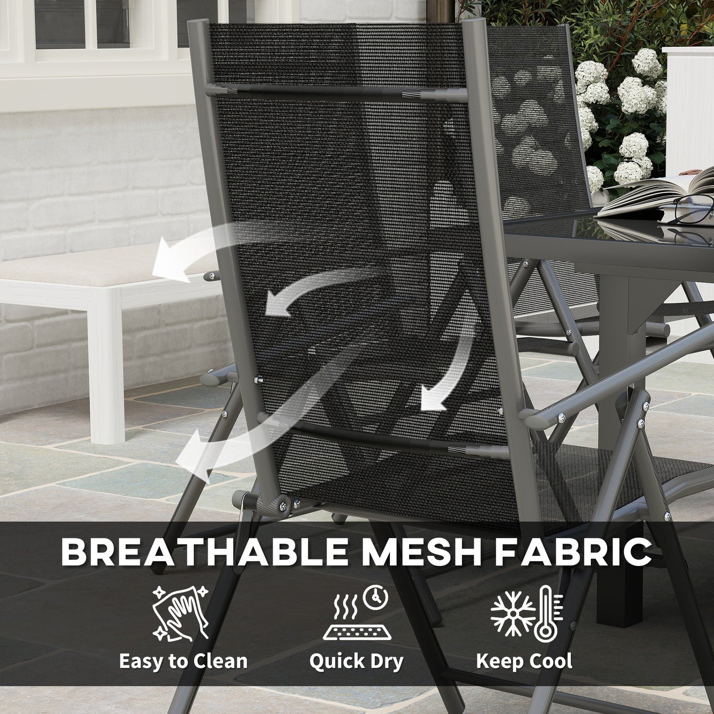 7 Piece Outdoor Dining Set, Garden Furniture Set with Extendable Table and 6 Folding Chairs, Outdoor Conversation Set with 5mm Tempered Glass Top & Aluminium Frame, for Patio, Balcony, Deck