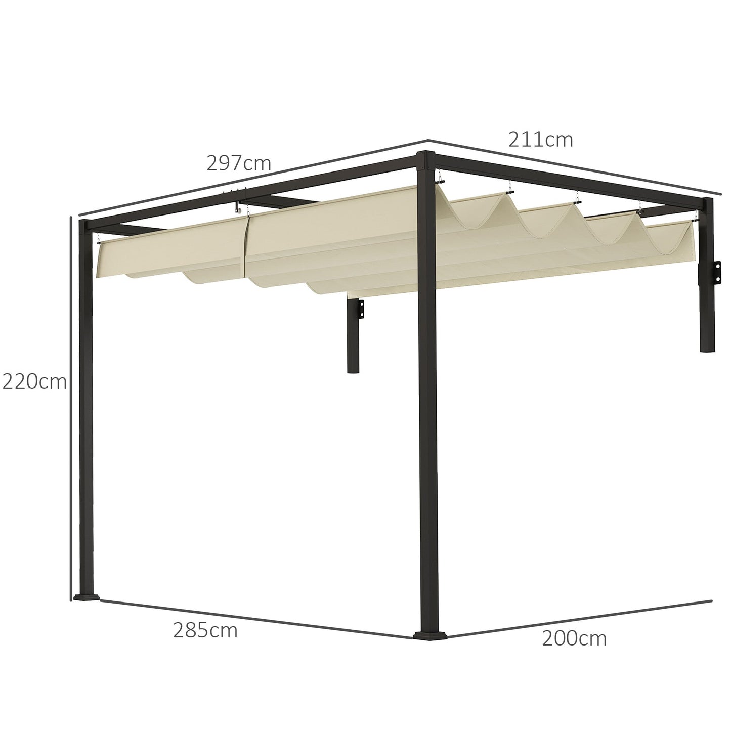2 x 3(m) Lean To Pergola with Retractable Roof, Wall Mounted Garden Gazebo Outdoor Sun Shade Shelter for Patio, Khaki