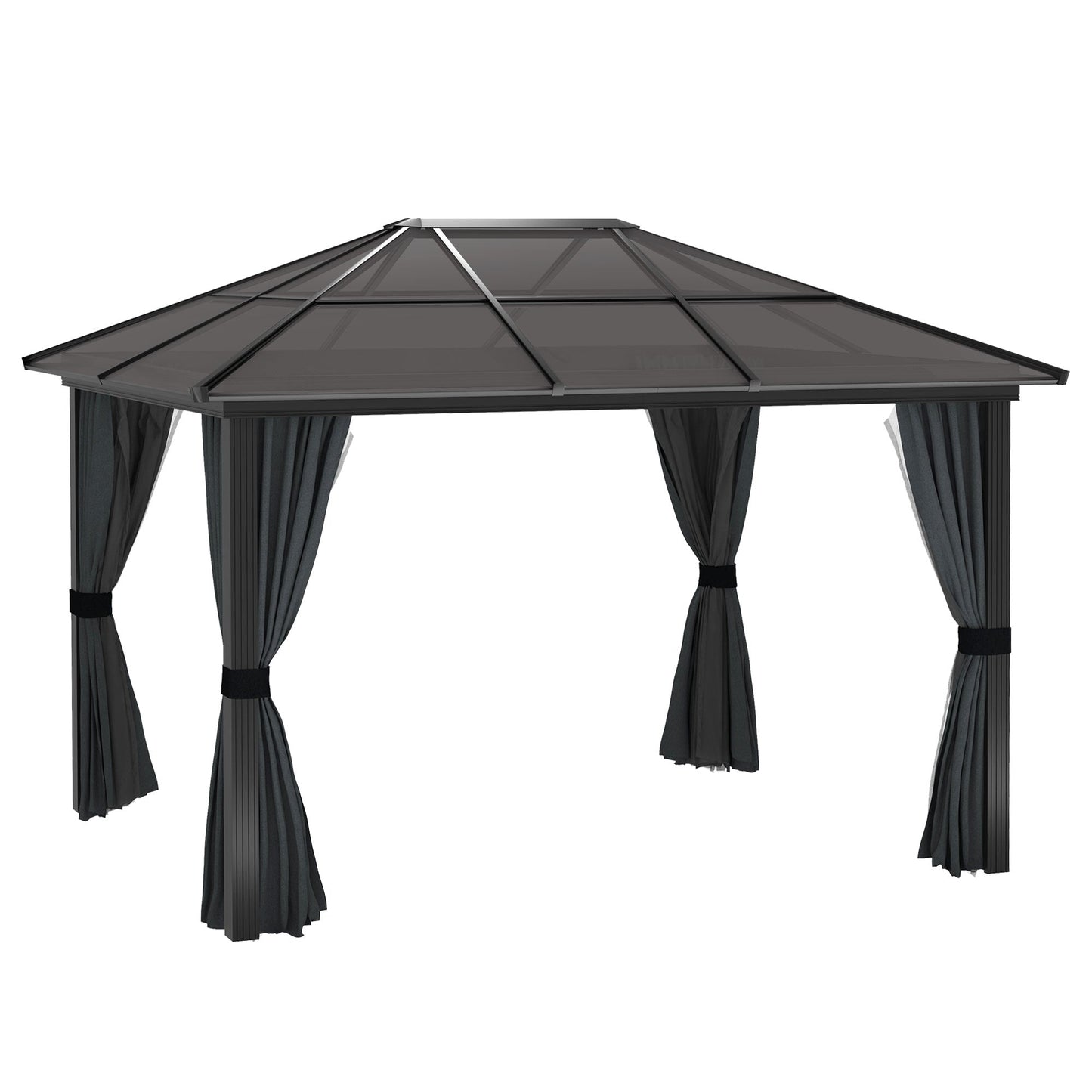 3 x 3.6m Hardtop Gazebo Canopy with Polycarbonate Roof, Aluminium Frame, Permanent Pavilion Garden Gazebo with Netting and Curtains for Patio, Deck, Dark Grey